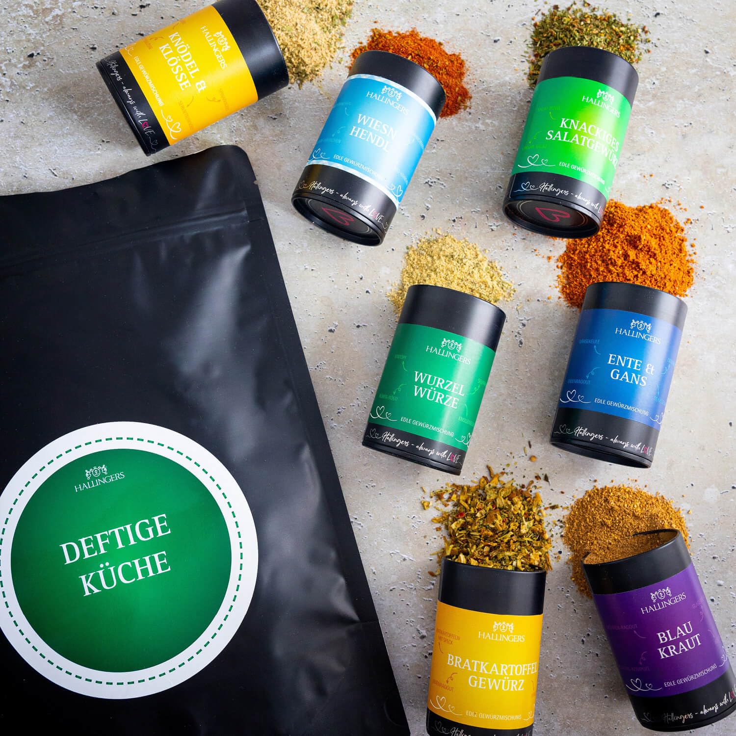 Hallingers Genuss Manufaktur Gewürz Geschenk-Set - Selektion unserer Besteller als Probierset in edlen Aromadosen & Tragetasche "Deftige Küche", Geschenkidee für Frauen Männer