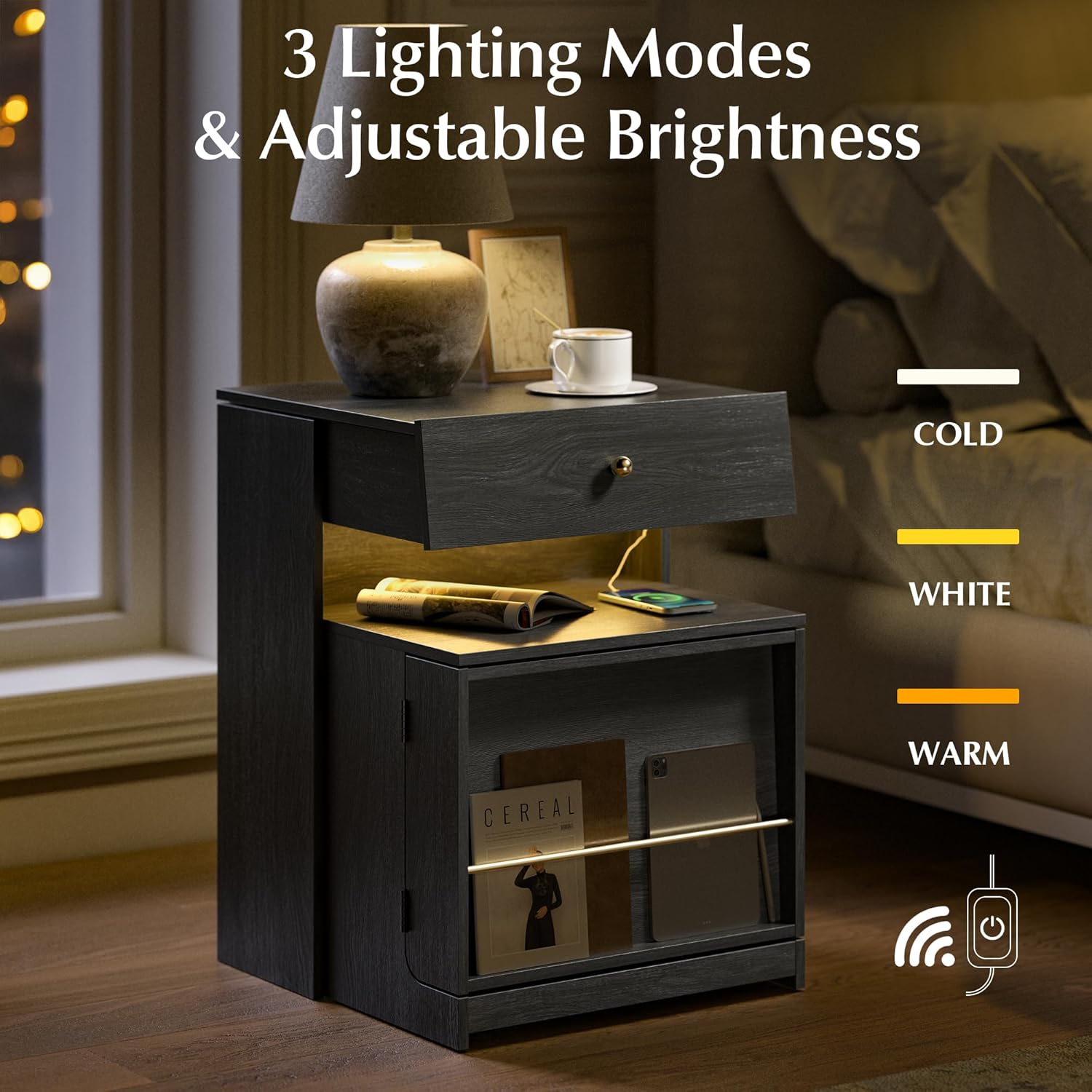 Night Stand with Charging Station, Modern LED Nightstand with Sliding Drawer & Storage Cabinet, Wood Bedside Table End Side Table for Bedroom Small Space, Black