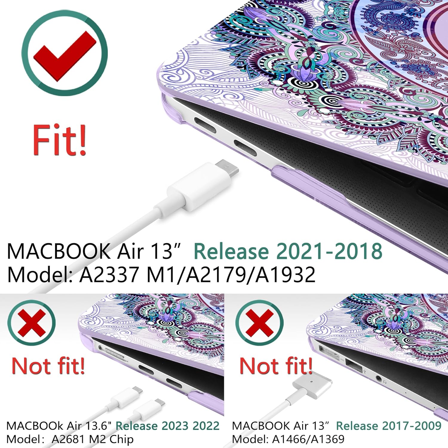 TWOLSKOO Case for MacBook Air 13.3 Inch (Old Version 2018–2021, Models: M1 A2337, A2179, A1932) – Hard Shell Case with Screen Protector & Keyboard Cover, Purple Mandala