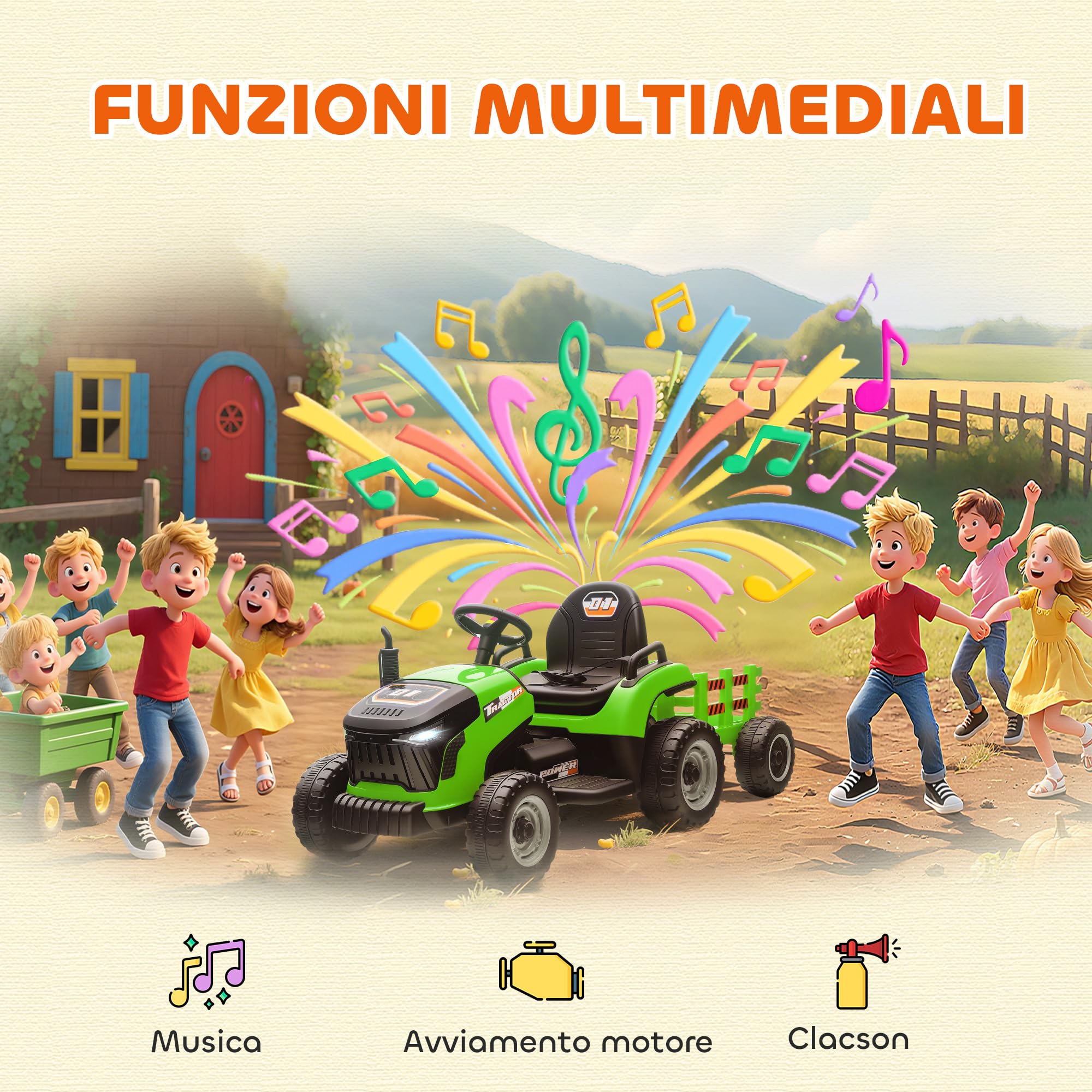 AIYAPLAY 2 in 1 Trattore Elettrico per Bambini 3-8 Anni 12V con Rimorchio Staccabile, Auto Elettrica Cavalcabile per Bambini con Telecomando, Cintura di Sicurezza, Musica, Luci LED e Clacson, Verde