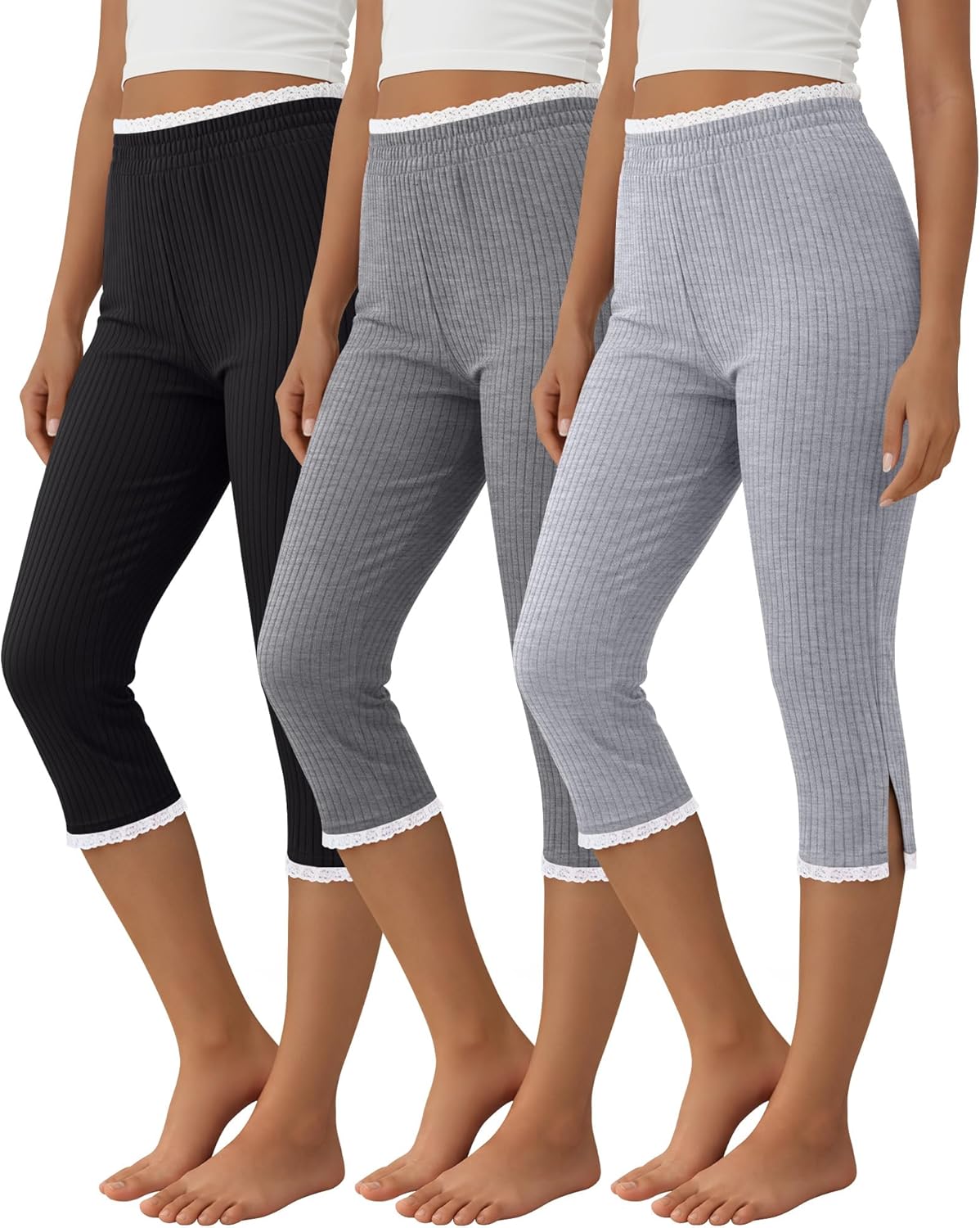 3 Pack Womens Cotton Capri Leggings Ribbed Slim Fit Capris Casual Basic Stretchy Workout Yoga Crop Pants