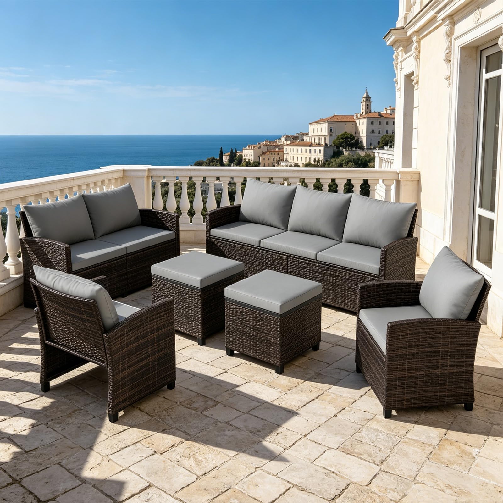 SOARS Salon de Jardin Exterieur pour 6 Personnes, avec Table Basse & Coussins, Résine Tressée, Coussins Déhoussables, Mobilier d'Extérieur Jardin, pour Jardin, Balcon, Terrasse (Gris)