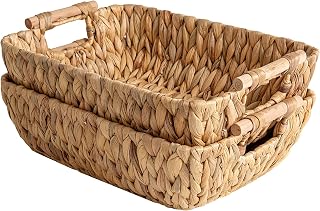 StorageWorks Large Water Hyacinth Wicker Storage Baskets with Wooden Handles, Hand-Woven 2-Pack for Home Organizing