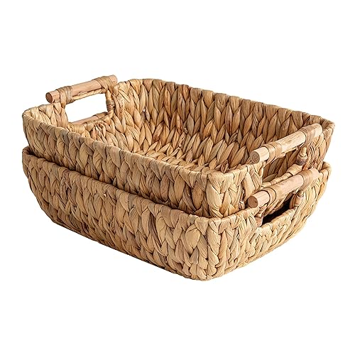 StorageWorks Hand-Woven Large Storage Baskets with Wooden Handles, Water Hyacinth