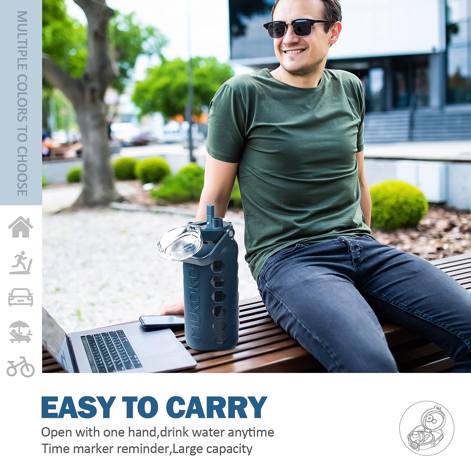 MUKOKO Glas-Wasserflaschen mit Strohhalm und Deckel, motivierender Wasserkrug mit Zeitmarkierungs-Erinnerung und Silikonhülle, 100 % auslaufsicher, BPA-frei, für Fitness, Sport, große Flasche, Blau