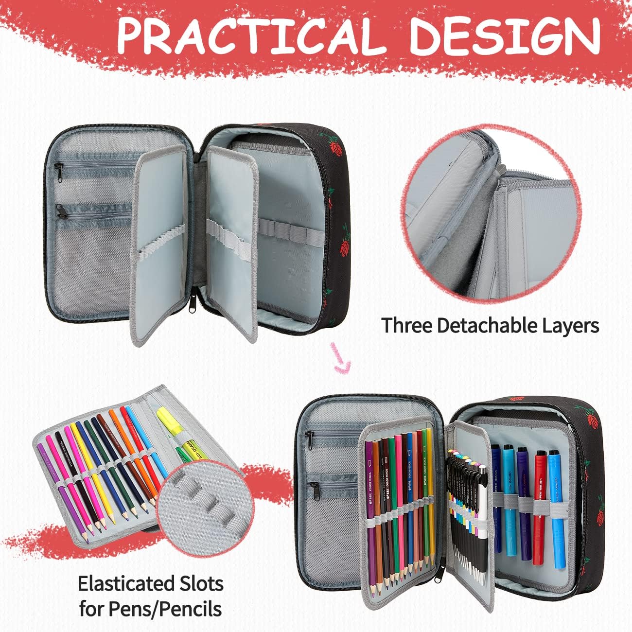 VASCHY Large Pencil Case Bag, Art Supply Marker Organizer Big Pen Pouch with Detachable Layers Slots Multiple Zipper Pockets for Kids Adults School Office Black Rose