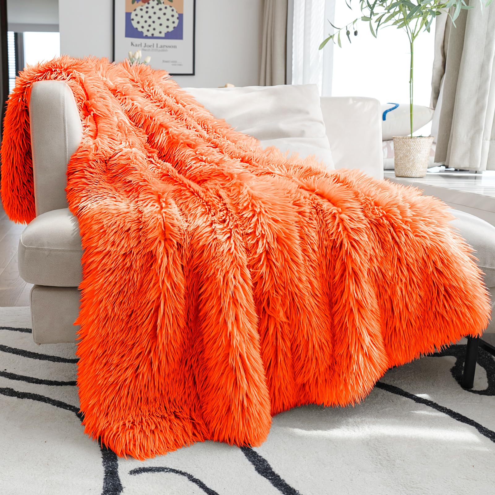 JONIYEAR Extra 2.8" Long Hair Fluffy Faux Fur Throw Blanket 50" x 60", Luxury Soft Decorative Fuzzy Furry Blankets for Couch, Cozy Plush Shaggy Blankets for Sofa Bed,Cute Lovely Blanket for Pet,Orange