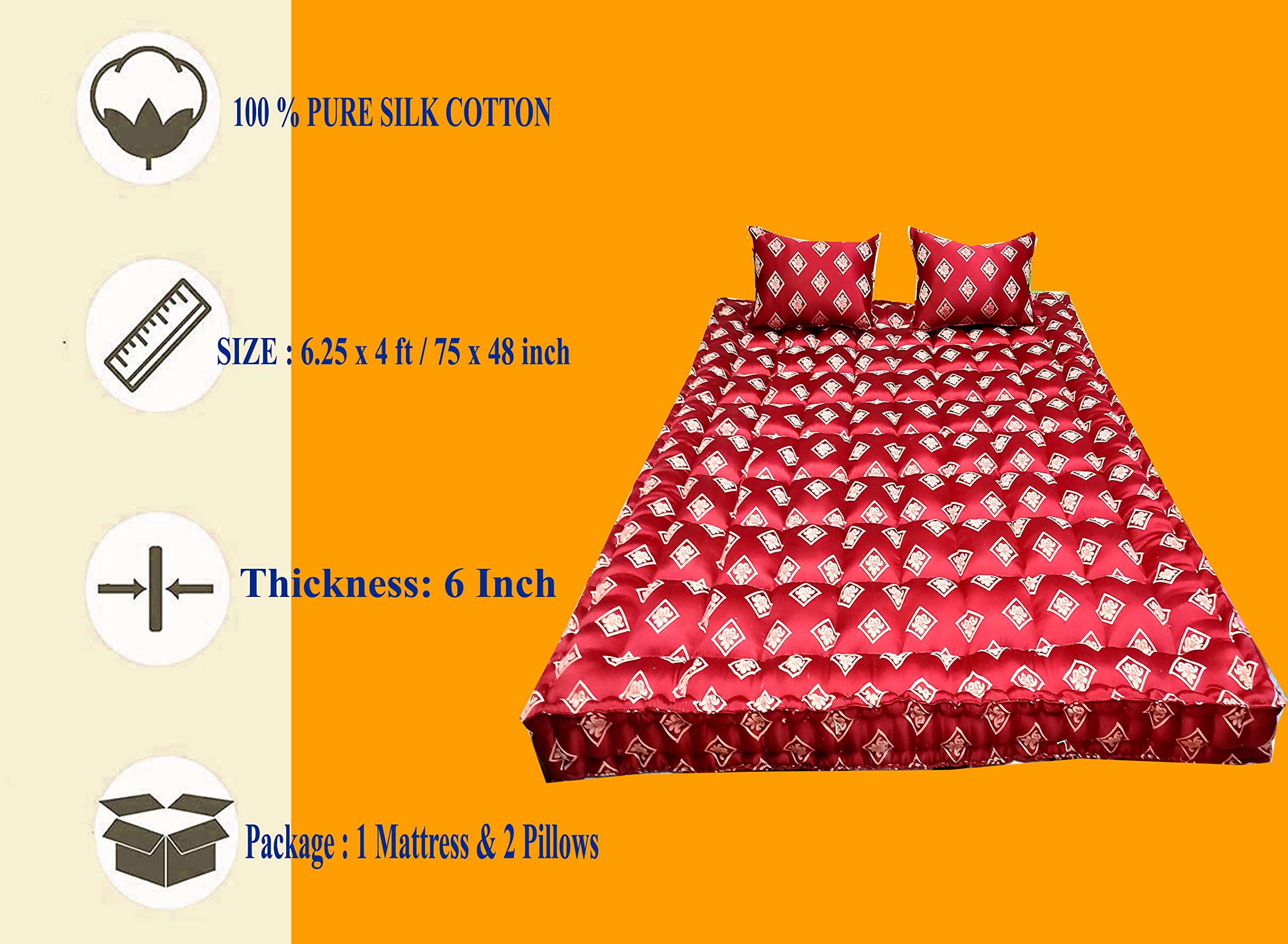Flamo Organic Kapok Silk Cotton Ilavam Panju Double Cot Bed Mattress (6.25 x 4 ft / 75 x 48 x 6 Inch) Multicolor. 2