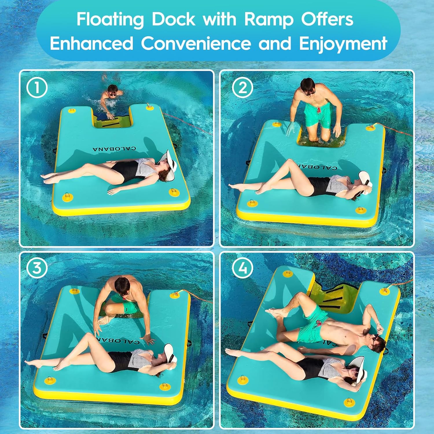 CALOBANA Inflatable Floating Dock with Dog Ramp, Inflatable Island Floats with Boat Ramp for Adults & Pets, Heavy Duty Lake Dog Floats Raft Pool Dock Platform with Ladder for Sea or River,Party