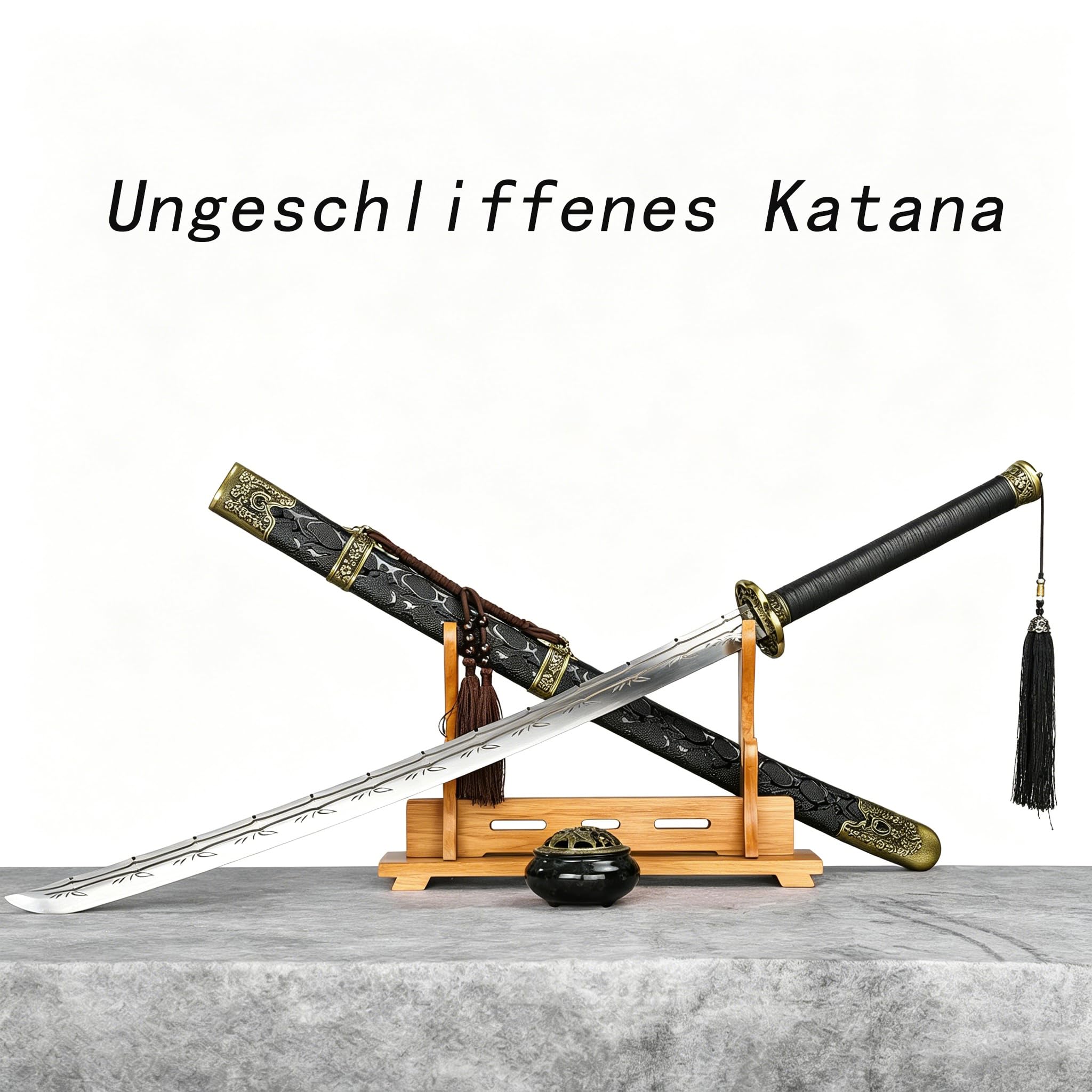 Katana Samuraischwert 104cm Nicht geschärft – Deko Schwert aus Edelstahl mit Bambusmuster, Schwarze Massivholz-Scheide, Japanisches Dekoschwert für Sammler, Cosplay & Geschenk