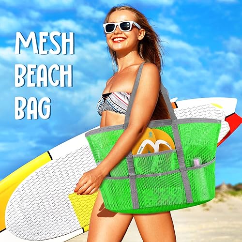 Miniatura 5 de Ayieyill Bolsa de playa de malla para mujer, bolsa de playa plegable grande con bolsillos con cremallera, impermeable, a prueba de arena