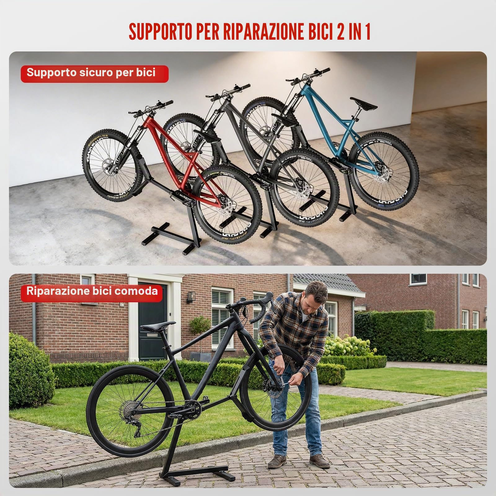 Cavalletto posteriore 2 in 1 per riparazione e stoccaggio, supporto stabile per mountain bike e bici elettriche fino a 45 kg, struttura in metallo con fissaggio anteriore della ruota, regolabile per