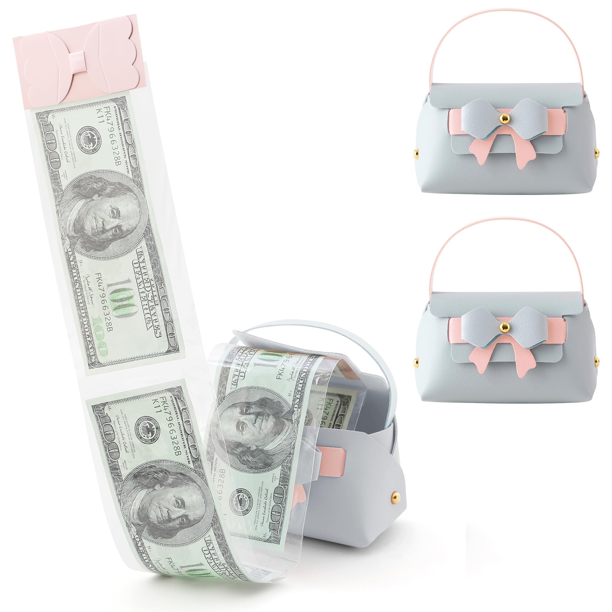 Litvana Ribbon Money Surprise Box - 2 Pack Leather Pull-Out Cash Box for Birthday, Anniversary, Christmas Gifts LightBlue