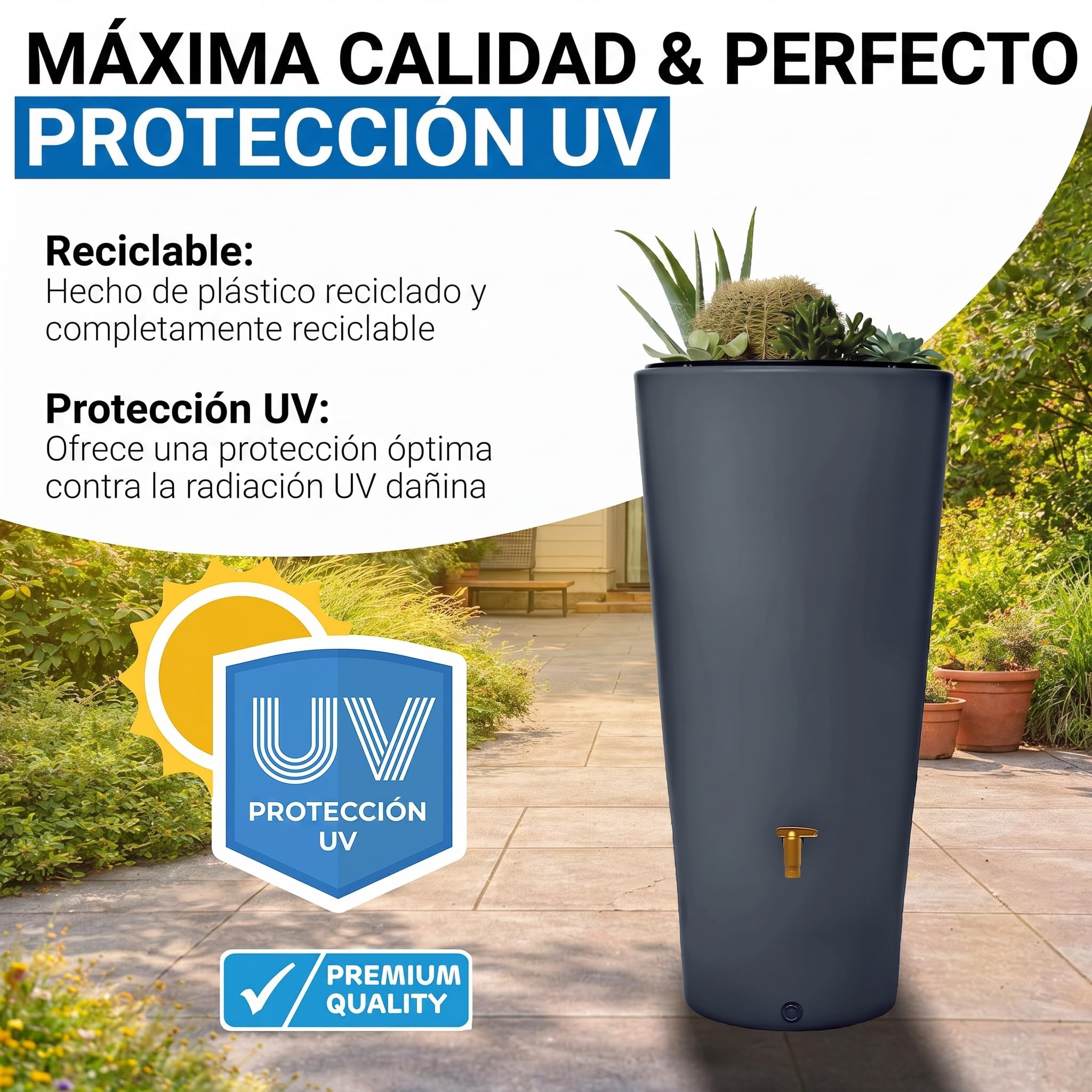 4rain Vaso 2en1 depósito de Agua de Lluvia 220 L Graphite Grey Incl. Grifo de plástico y conexión al bajante - riego sostenible - decoración integrada extraíble - conexión automática filtrante | Incluye grifo de plástico y conector para bajante, barril de