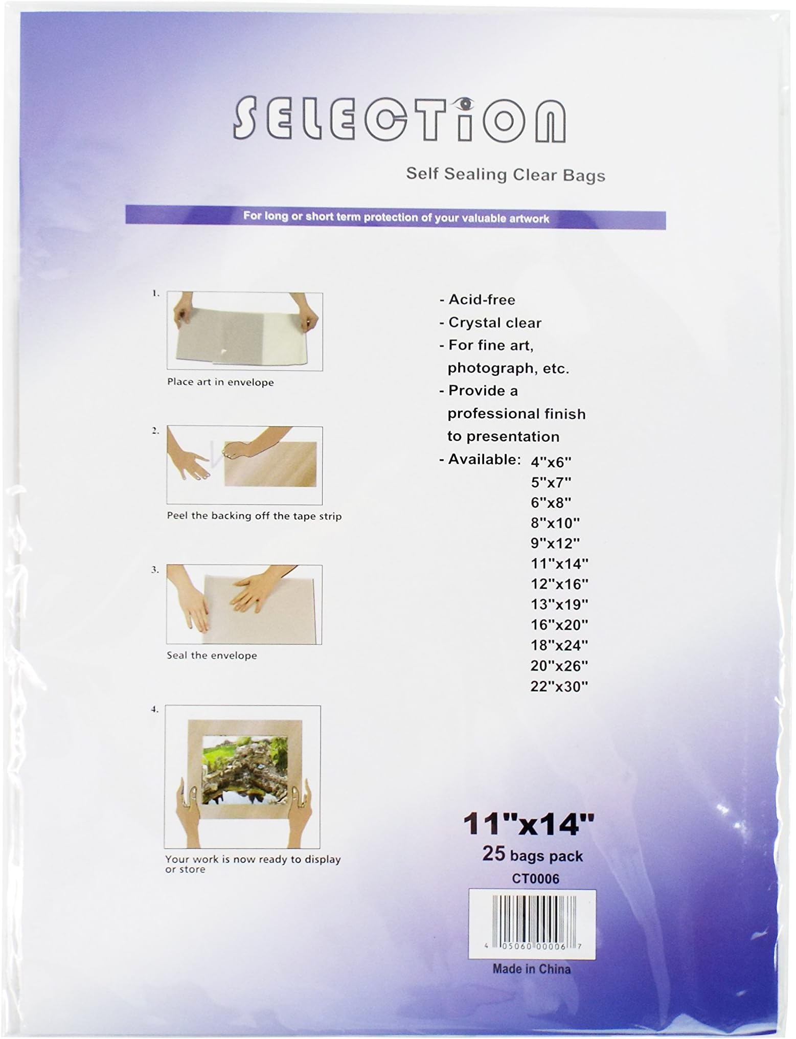 Crystal Clear Sleeves Storage Bags for Photos, Art, Paintings, Pictures, and More- Archival Acid-Free - Seal Top - Cellophane - Pack of 25 (11" x 14" - Pack of 25 Bags)