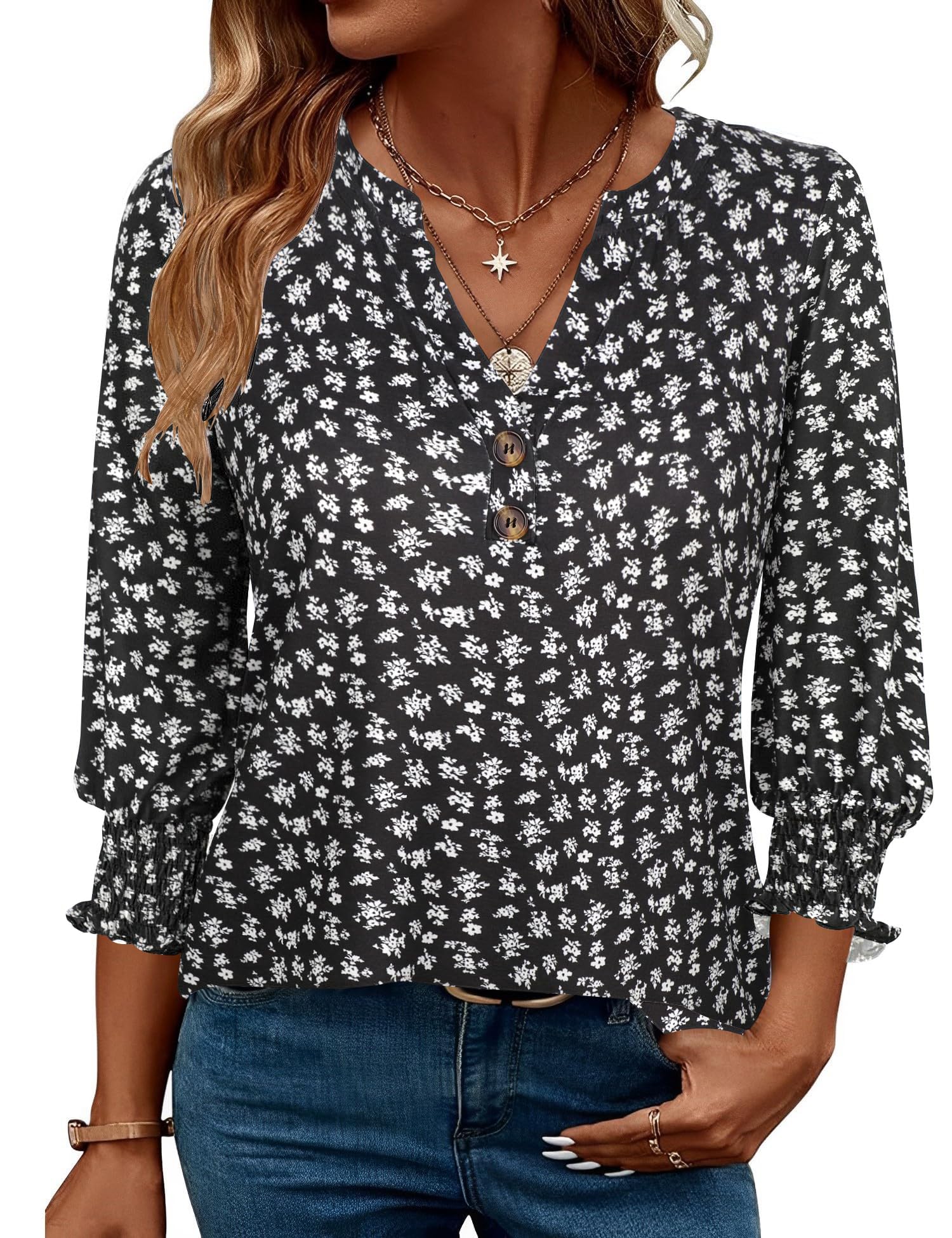 Enqoole Bluse Damen V Ausschnitt 3/4 Arm Shirt Business Casual Oberteil | Langarmshirt,Elegant Sommer Tunika,Locker Tshirt mit Knöpfen,Mode 2026