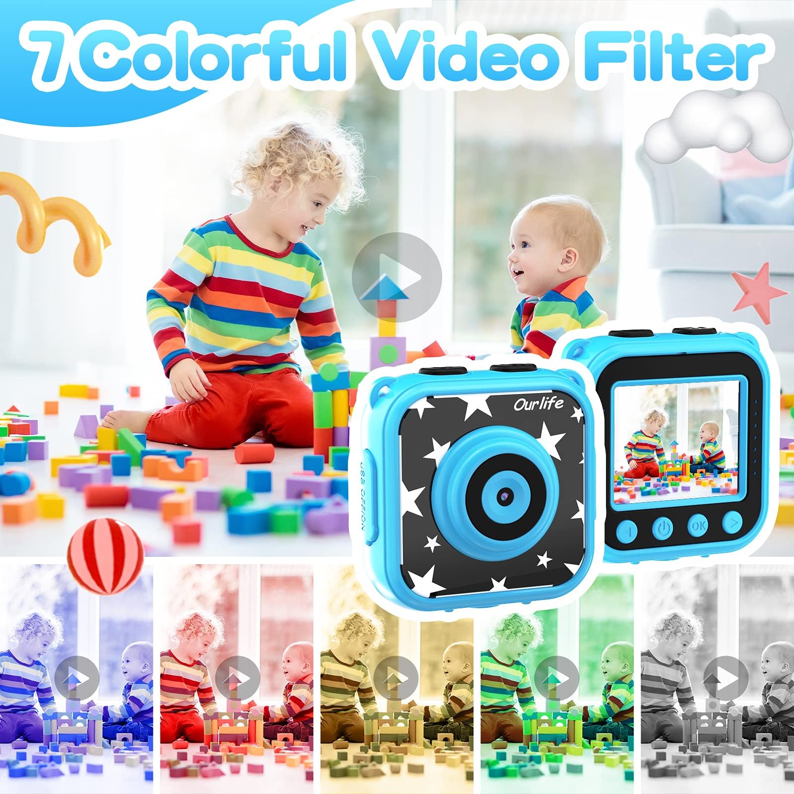 Ourlife - Fotocamera impermeabile per bambini dai 3 ai 12 anni, regalo di compleanno per bambini, per sport subacquei, con schermo da 4,4 cm (blu navy)
