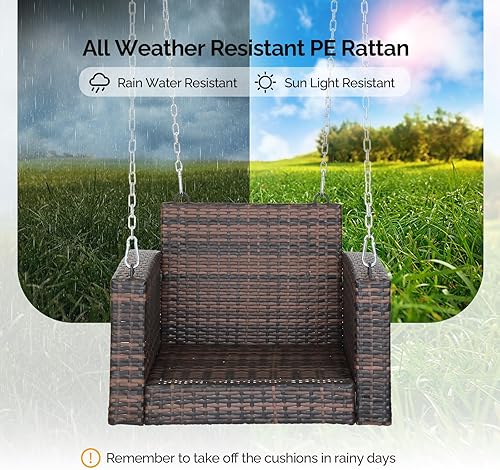 Miniatura 5 de VINGLI Columpio de ratán para porche de 2.2 pies, para 1 persona, soporte para exteriores, 440 libras, con cojines y cadenas ajustables, silla de