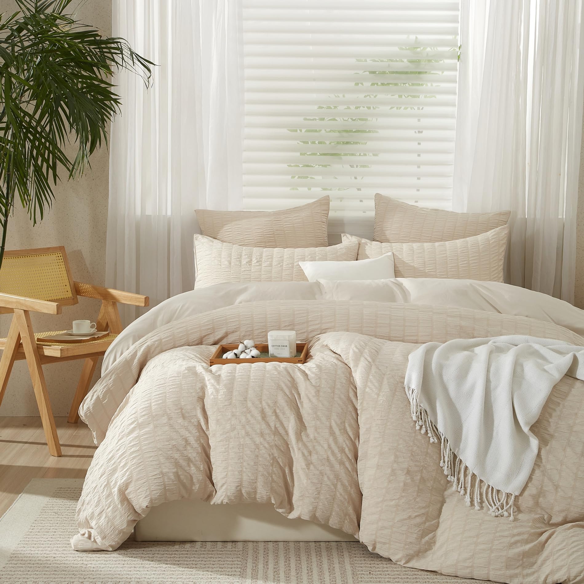set di biancheria da letto in seersucker, 220 x 240 cm, beige a righe, stile moderno, 3 pezzi, in microfibra, morbido, traspirante, con copripiumino e 2 federe da 80 x 80 cm, con cerniera