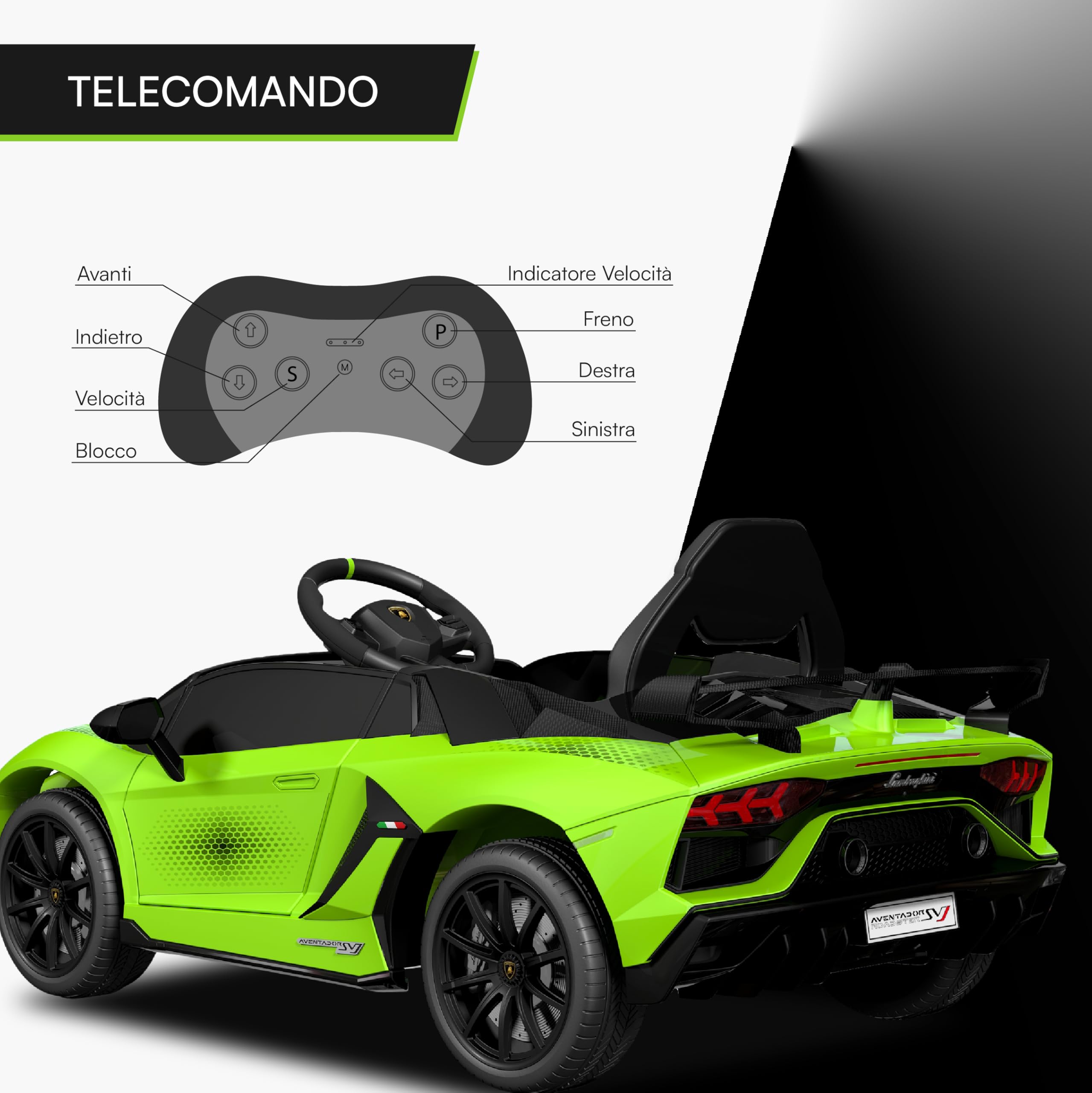 Baroni Toys Lamborghini Baby Car Elettrica 6V con Telecomando Genitori, Suoni, MP3, Retromarcia, Auto per Bambini 1-4 Anni, 100x60x50 cm Verde