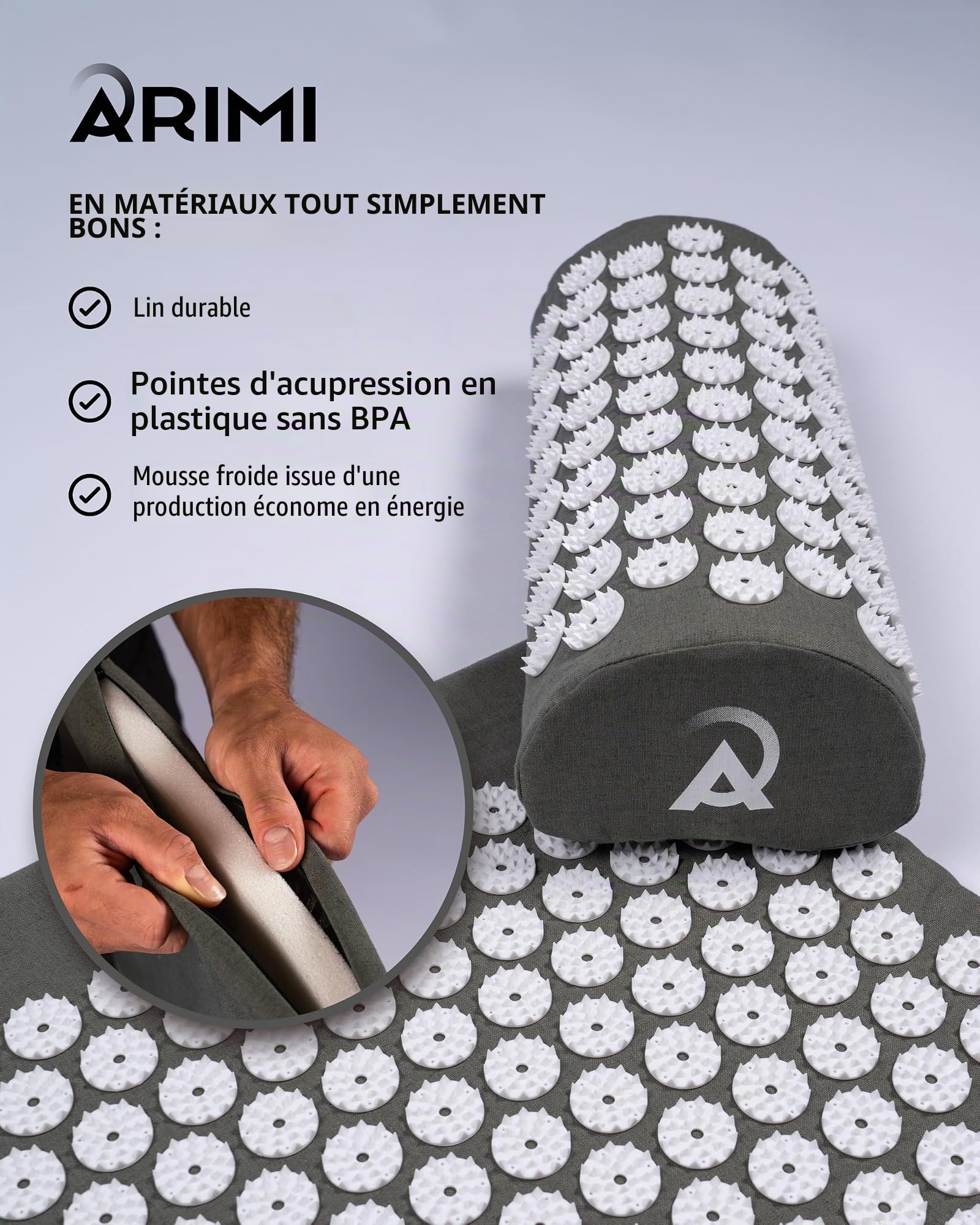 ARIMI Tapis d'acupression - Kit d'acupression avec oreiller et sac - Durable et ergonomique - Soulagement de la douleur et relaxation - Dos et cou