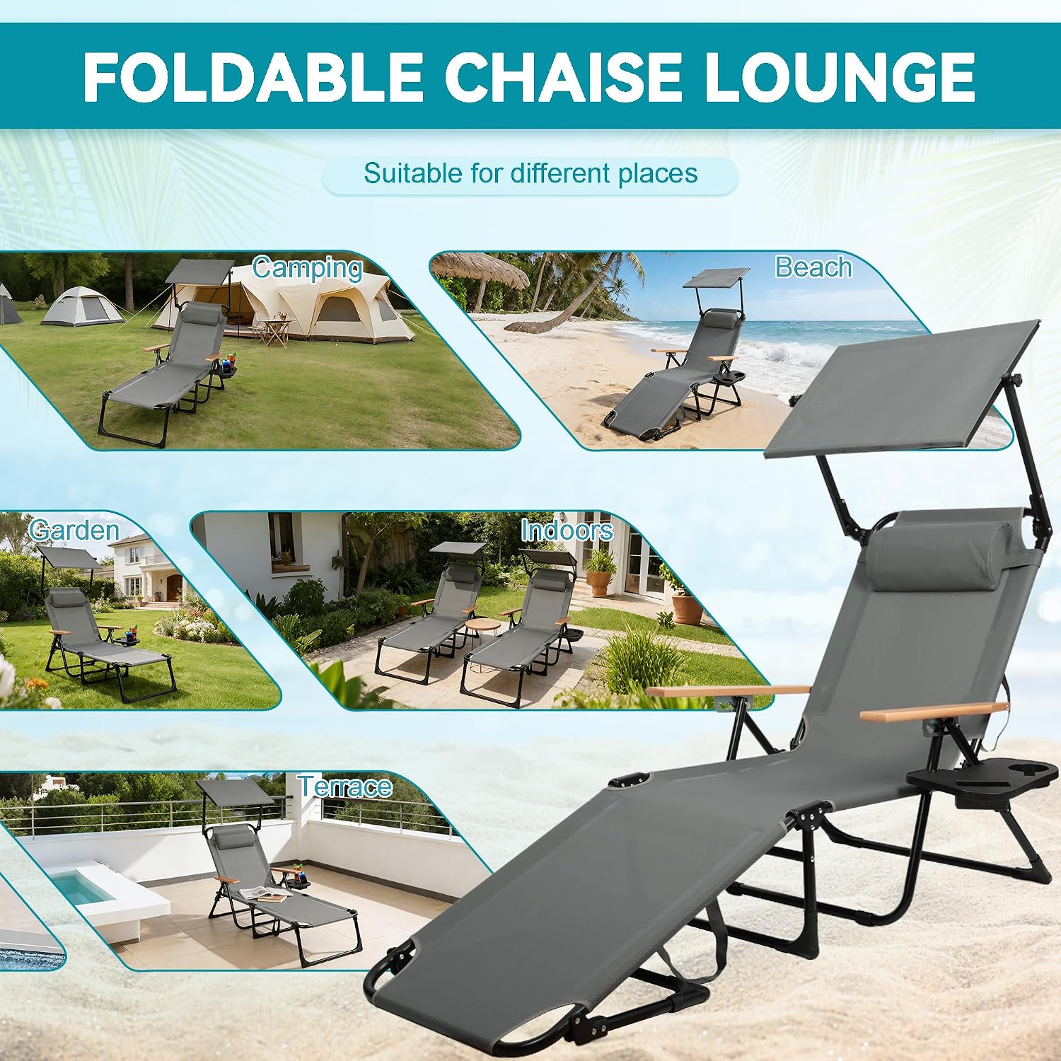 Beach Lounge Chair with Sun Shade, Folding Outdoor Chaise Lounge Chair with Arms, 4-Position Backrest, Extended Sun Tanning Chair Pillow & Cup Holder, Patio Lounger for Outside for Beach Pool(Gray-U)