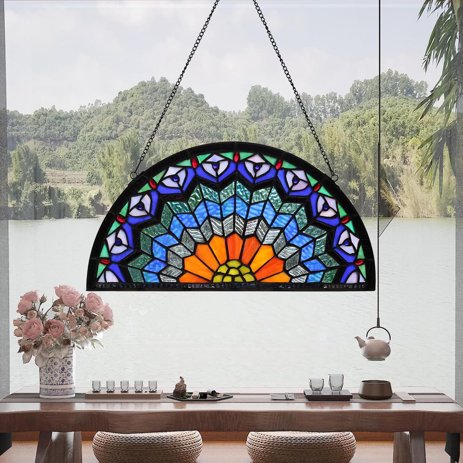 YOURANJU Half Moon Stained Glass Window Hanging Tiffany Style 16" x 8" Half-Round Window Panel Housewarming Gift Living Room Bedroom Kitchen Window Decorative Hangings with Chain (Peacock Tail)