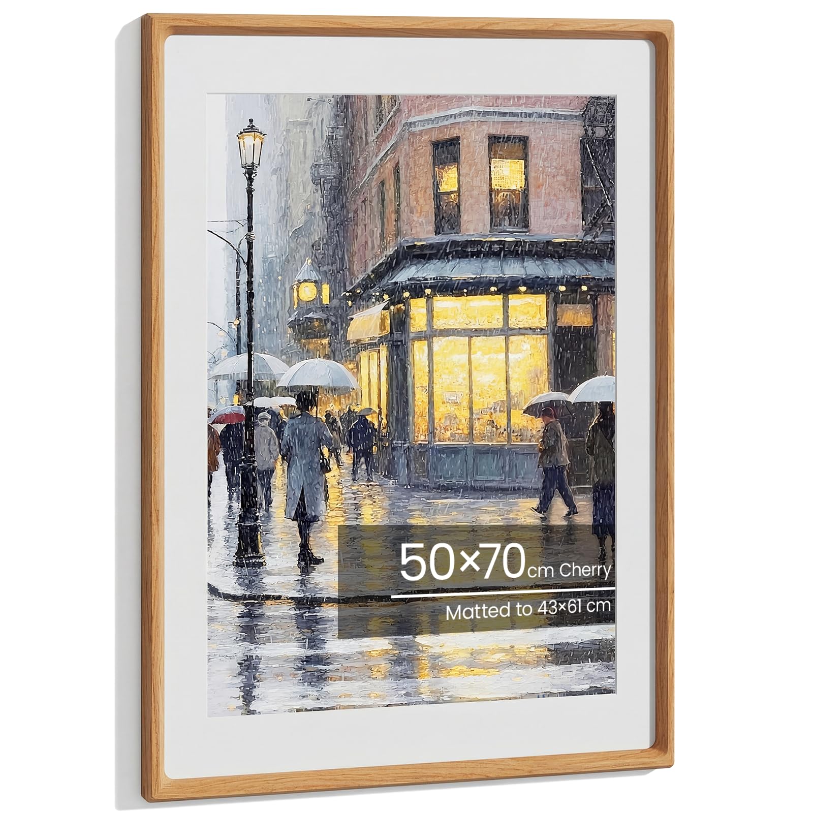 50x70cm Frame, Natural Solid Cherry Wood Poster Frame Large Picture Frames Handcrafted 50x70cm Frames Matted to 43x61cm Photo Hang Portrait or Landscape for Wall Gallery Decor with Tempered Glass
