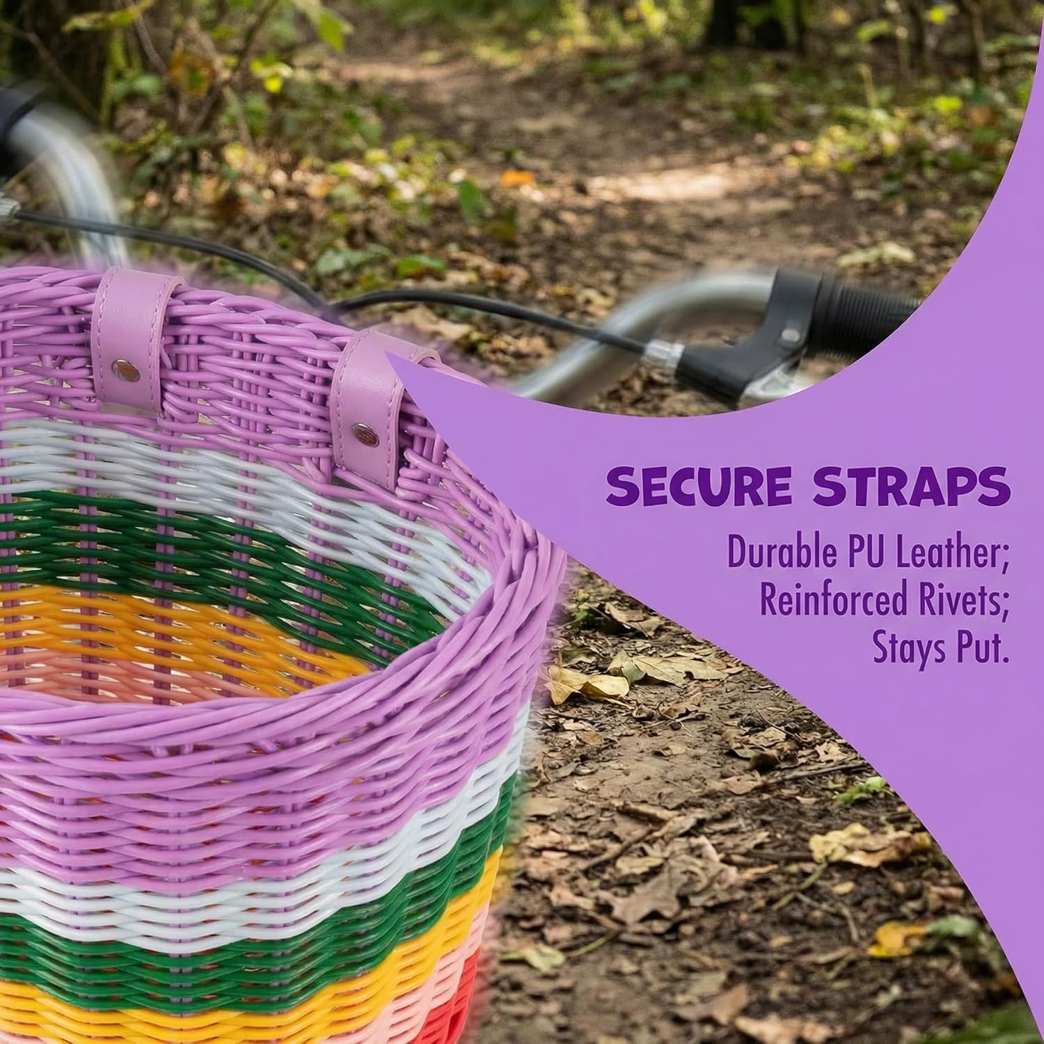 Kids Bike Basket, Bike Basket Front Bike Accessories for Girl Boys, Woven Bicycle Basket with Stickers, Bike Bell, Windmill, and 1pairs Colorful Ribbons Tassels