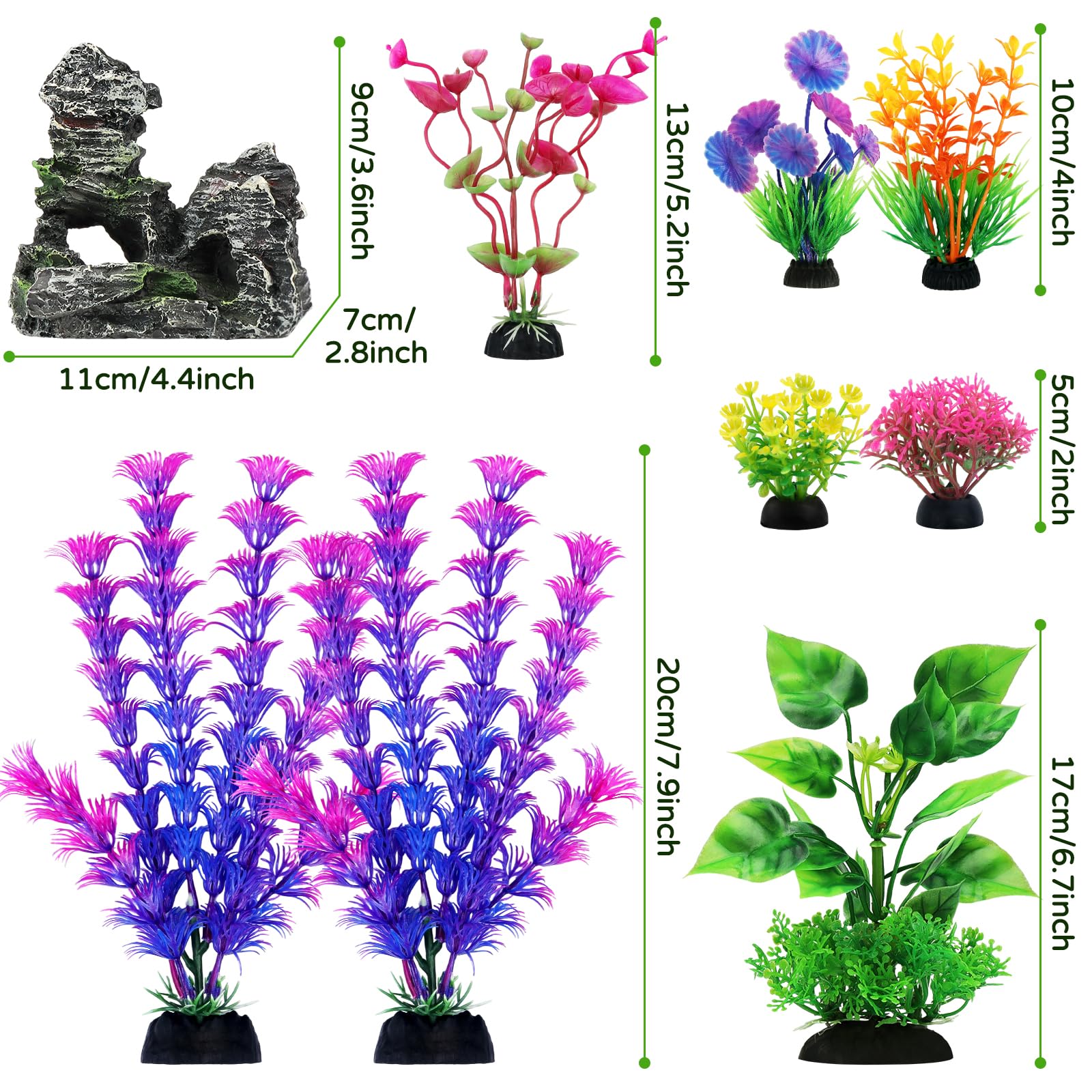 QUOZUO Decorazioni per acquari, 9 pezzi piante con vista rocciosa in resina, acquari piante in plastica, accessori per acquari e nascondigli