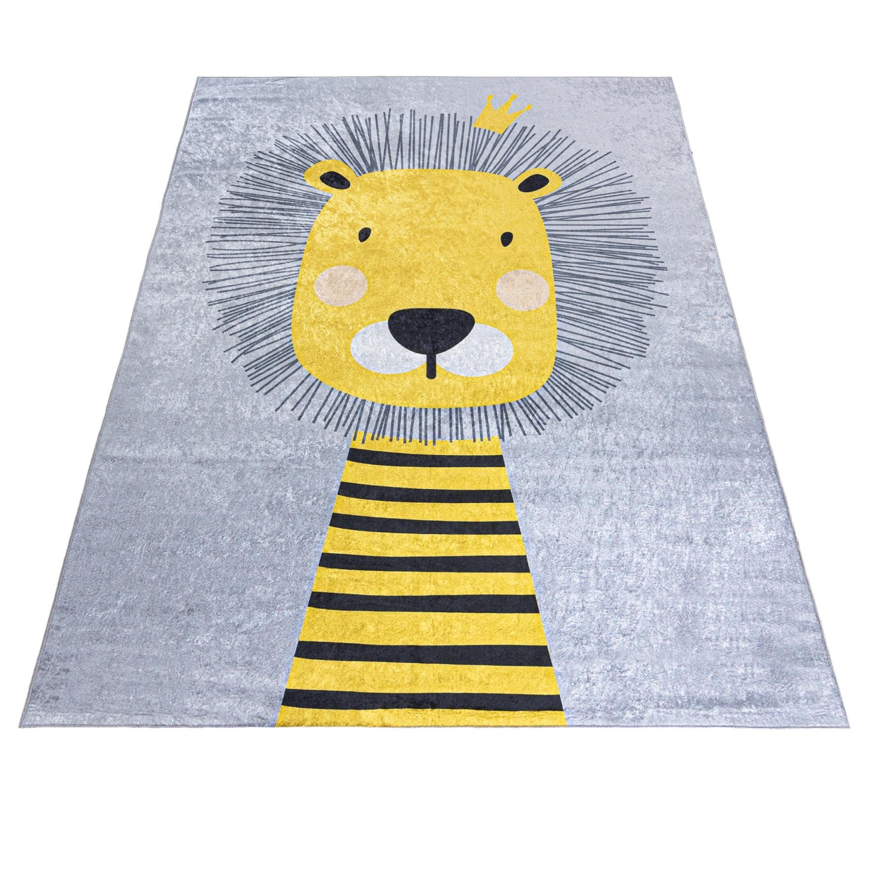 Mazovia Tappeto Salotto - Tapeto Stampato Pelo Corto - Morbido Tappeto Camera da Letto - Antiscivolo Tapeto EMMA - Tappeto Bambini Motivo Leone - Grigio Giallo 80x150cm