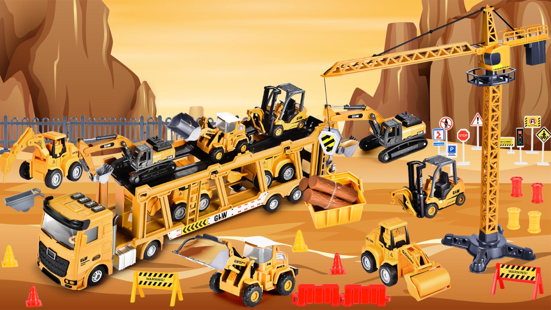 Camion De Transport Herefun Avec Grue - 8 Véhicules Construction - Son Et Lumière - Jouet Enfant 2-3 Ans