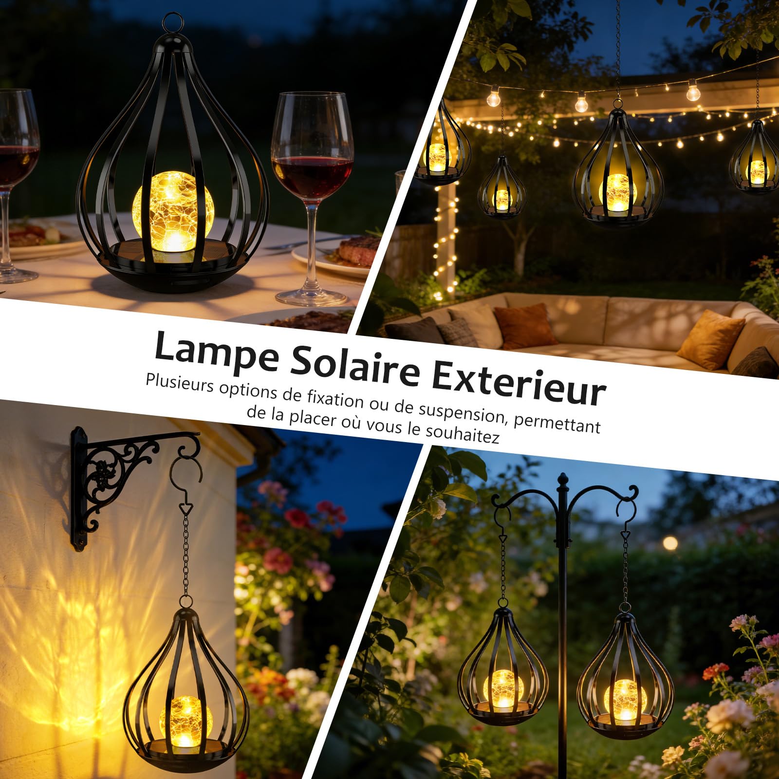 Lanterne Solaire Extérieure avec Sphère Craquelée, IP65 Étanche Lampe Solaire Exterieur pour Décoration Jardin, Suspension ou Pose au Sol Cadeau Idéal pour Terrasse Balcon, 2 Pièces | Lumière Jaune Chaude, Suspensible Ou Posable. Décoration Jardin, Terras