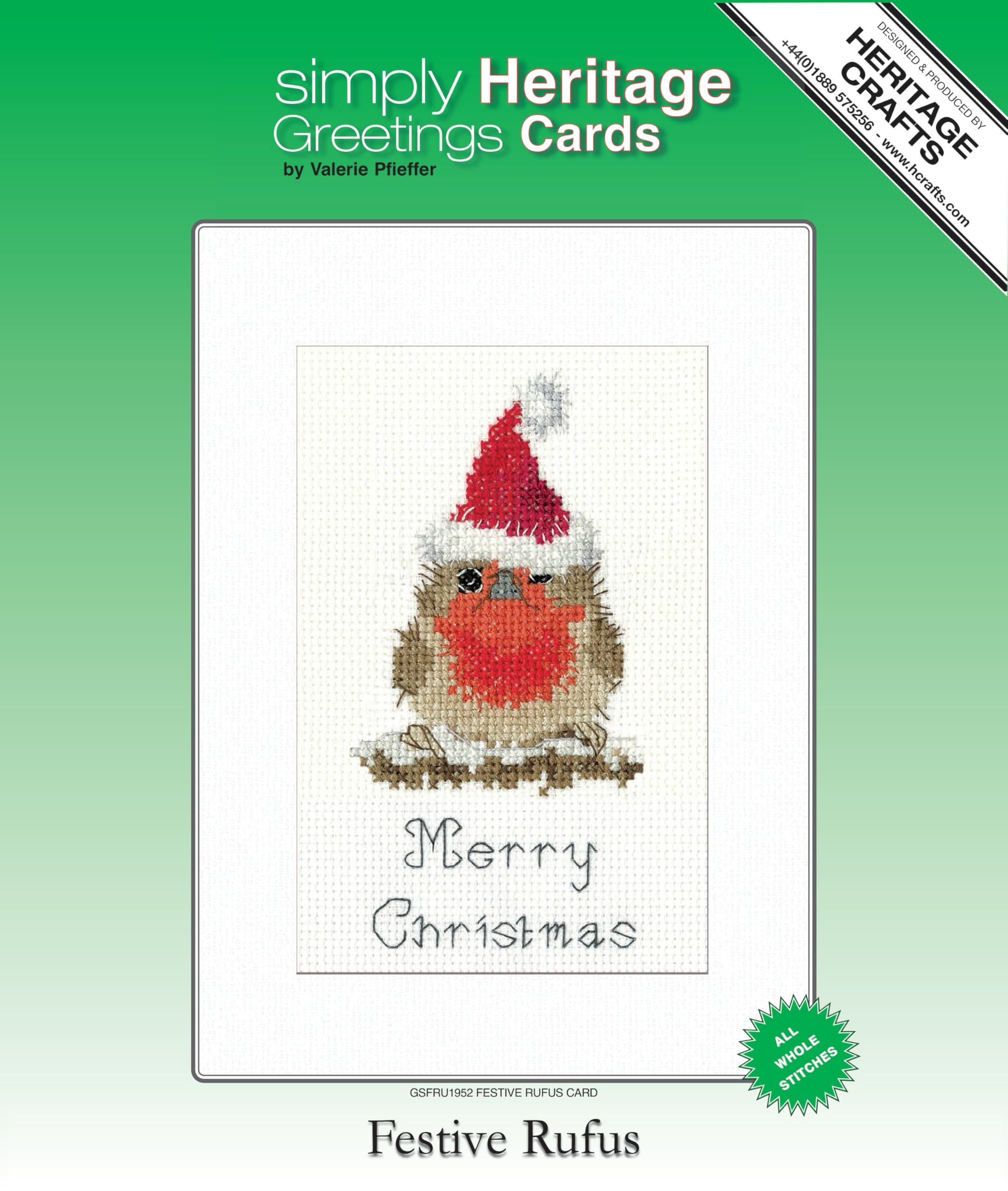 Heritage Crafts Cross Stitch Kit - Festive Rufus Robin Card - Counted Cross Stitch Christmas Card Kit