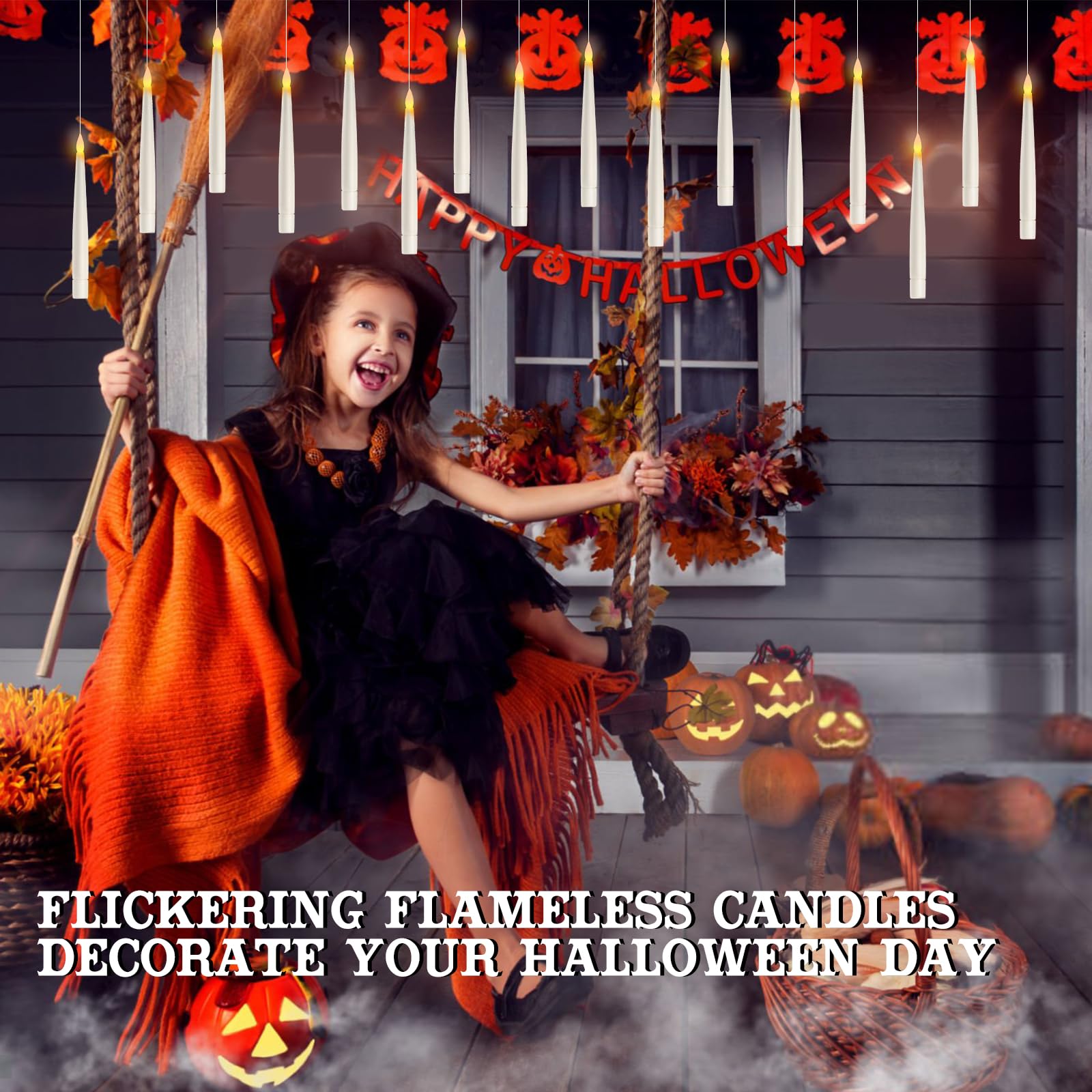Velas flotantes con control remoto de varita, 20 velas mágicas colgantes de Halloween, velas parpadeantes sin llama con calcomanía de bricolaje, decoraciones de Halloween, regalos para interiores y