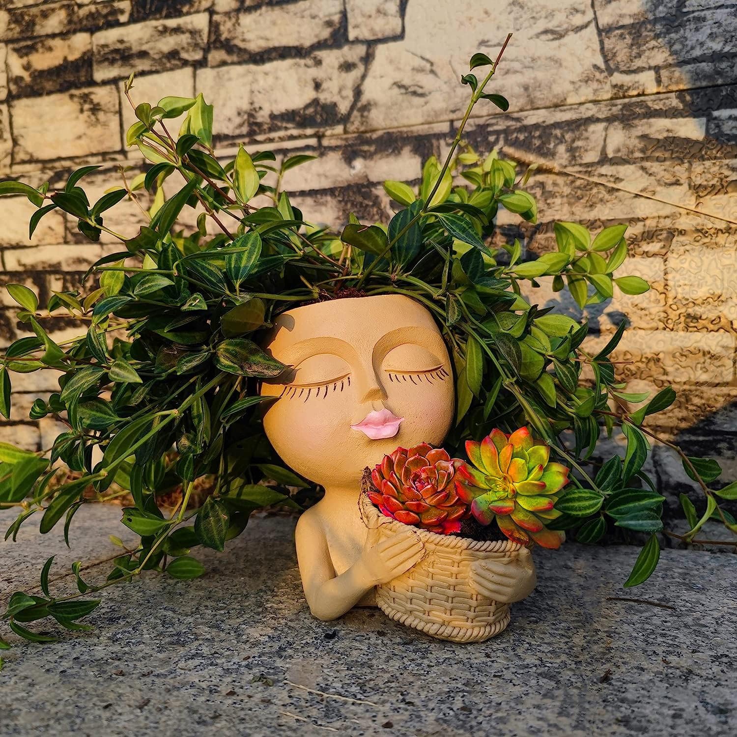 Double Pot Face PlantersLarge Girl Head Planter with 2