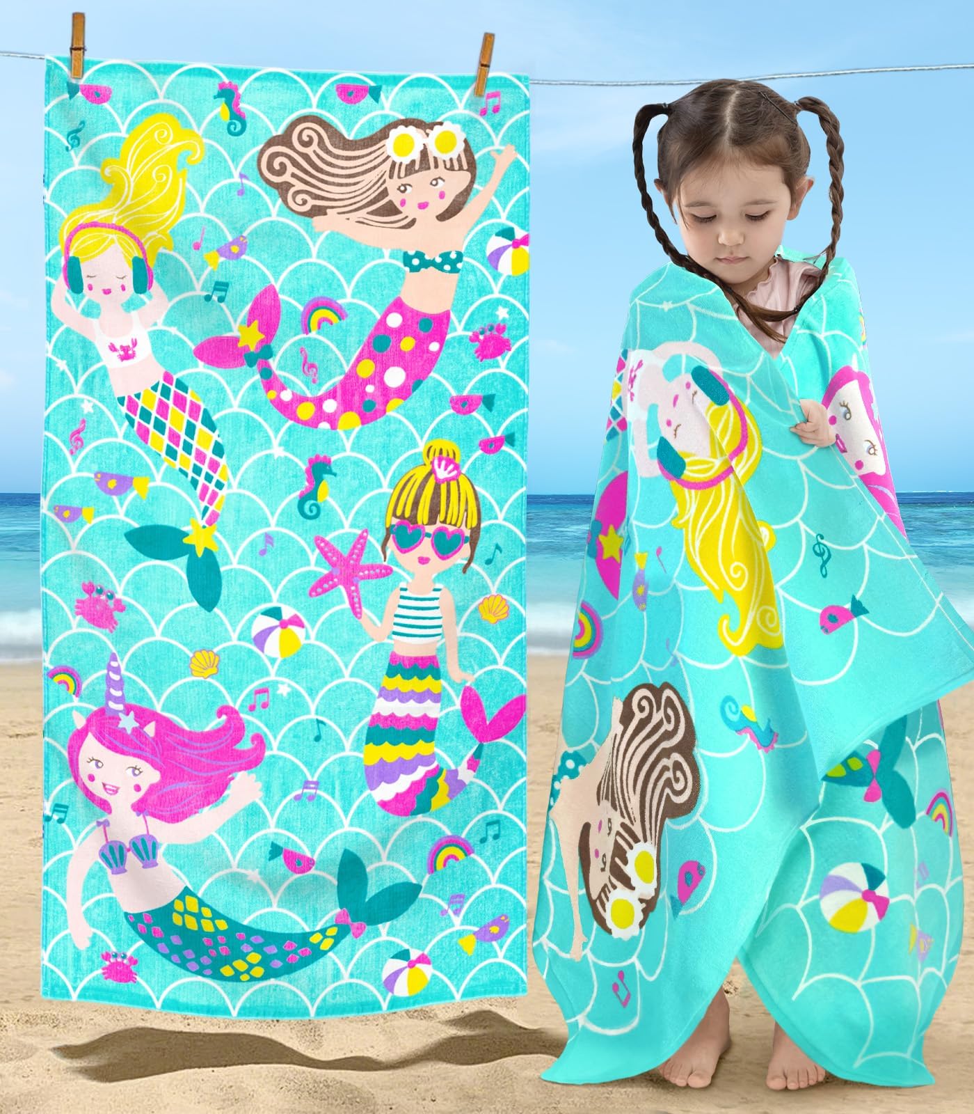 VOOVA & MOVAS Mermaid Beach Towel for Toddler, 28"X54",330GSM, Large Soft Absorbent Cotton Pool Towels for Toddler,Ideal for Swim, Surf, Beach, Bathroom and Camping