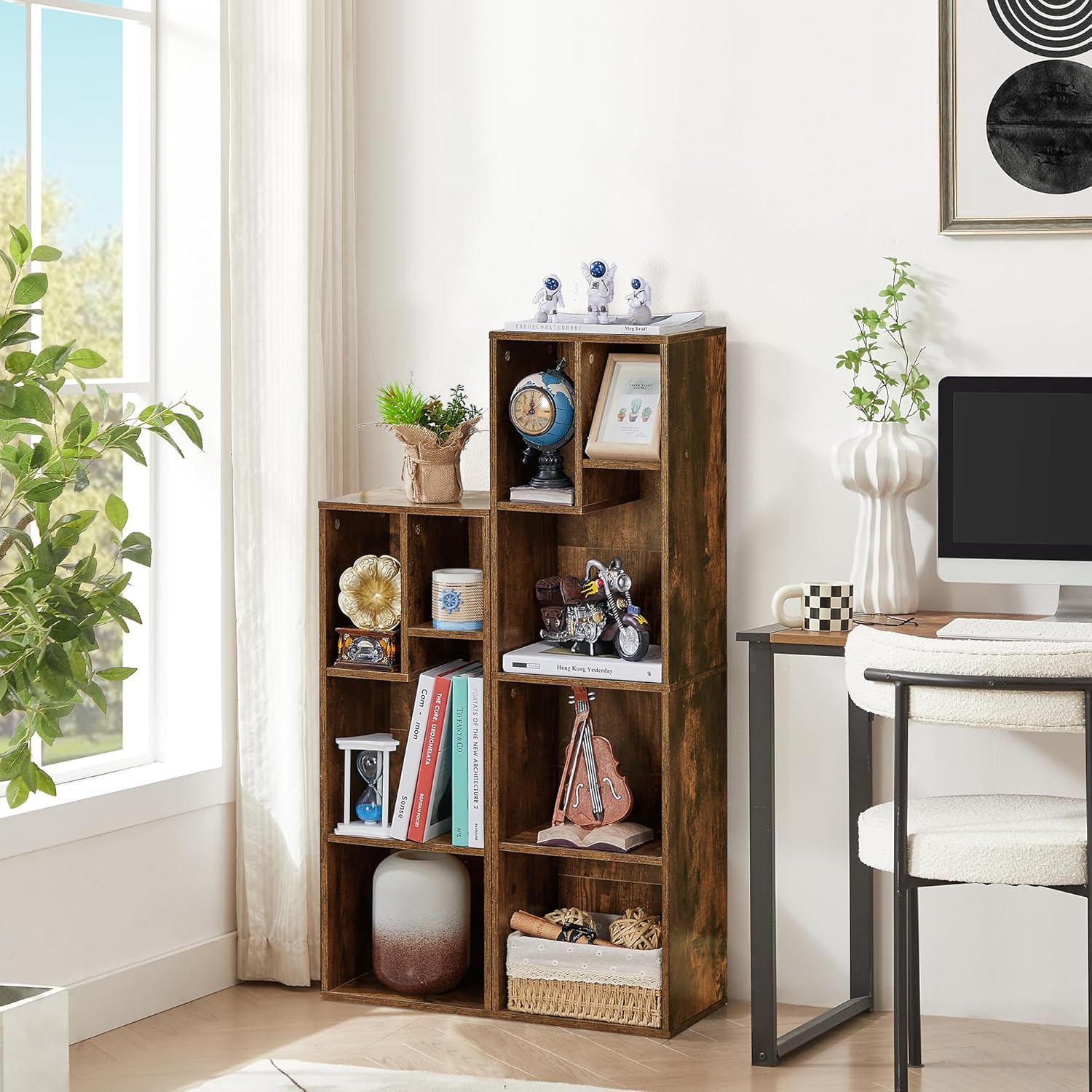VECELO Narrow Bookshelf Set, Fits 9.3" × 10-12.8" Hardcovers, Cube Storage Bookcases, Free-Standing for Living Room, Bedroom, Home Office, 3/4-Tier, 2-Pack, Brown