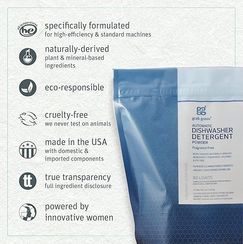 Miniatura 2 de Grab Green Detergente automático para lavavajillas de 317 libras 80 cargas sin fragancia a base de plantas y minerales limpieza superior potente
