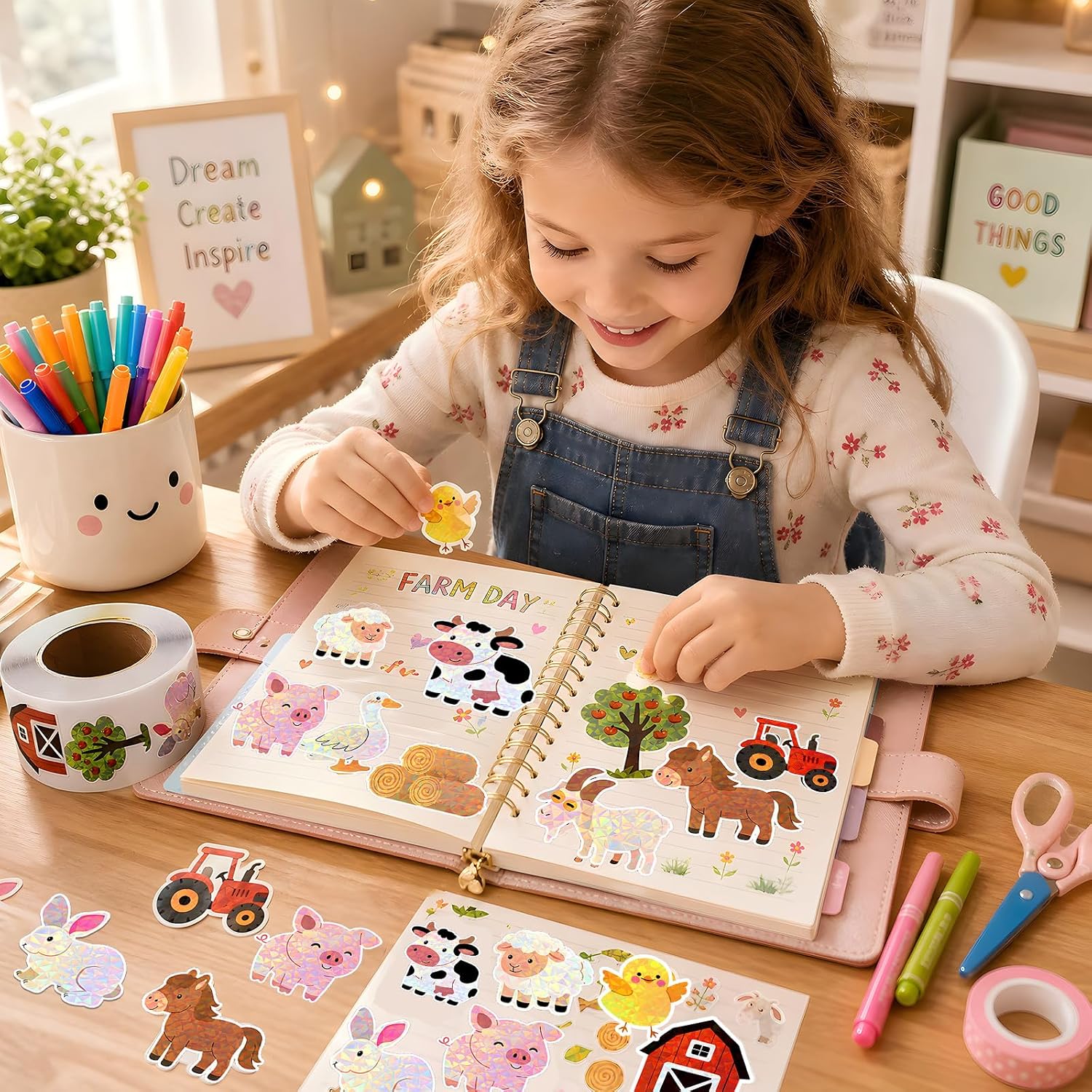 Xzentira 1000 Pcs Farm Animal Stickers Roll,Farm Theme Glitter Labels 12 Designs 1.5 Inch Waterproof Self-Adhesive Stickers for Kids, Classroom Rewards and Farm Party Decor image 5