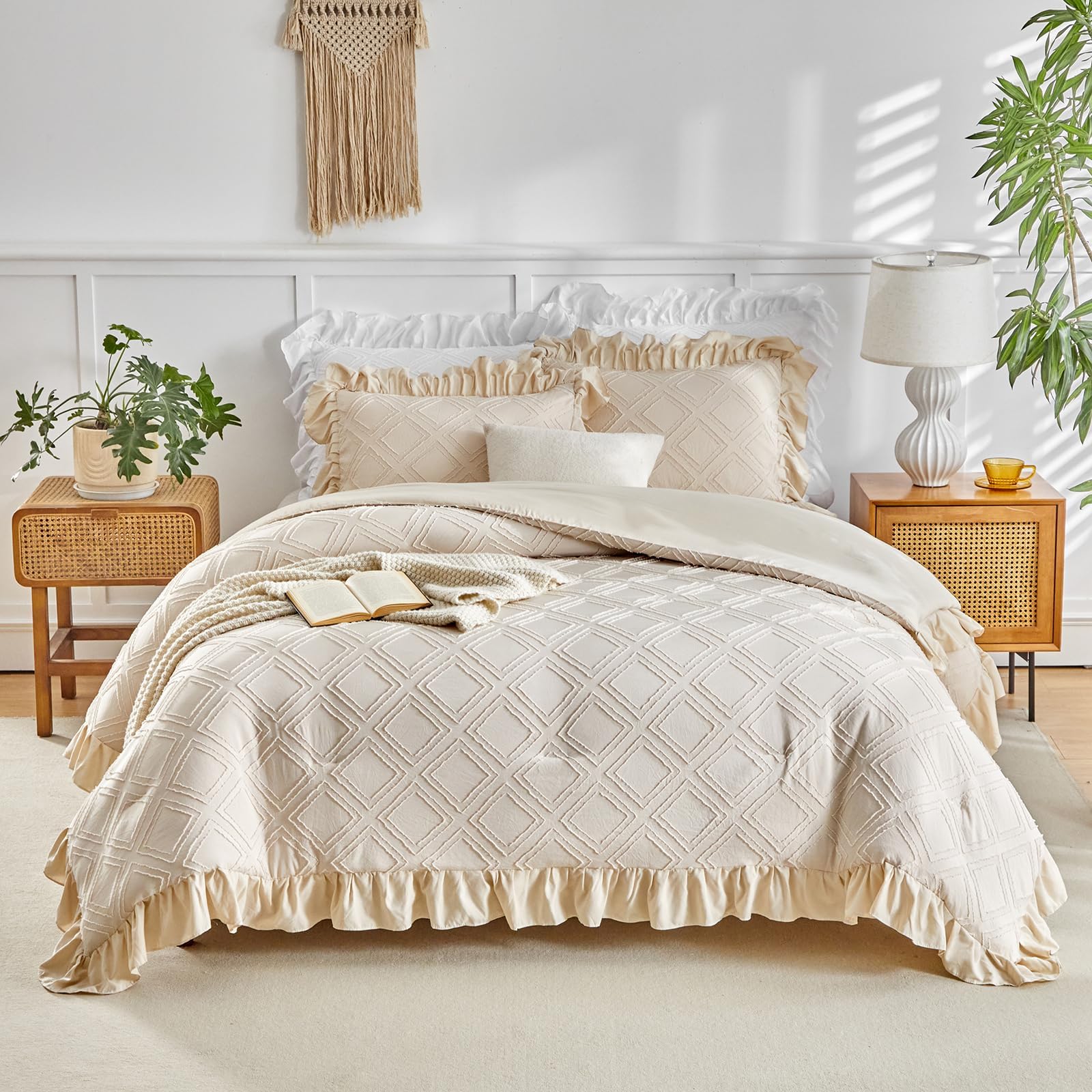 Tufted Grids Ruffle Comforter Set Full/Queen Size, 3 Pieces Beige Vintage Farmhouse Shabby Chic Comforters, Jacquard Boho Bohemian Bedding Set for All Season (1 Ruffled Comforter+ 2 Pillow Shams)
