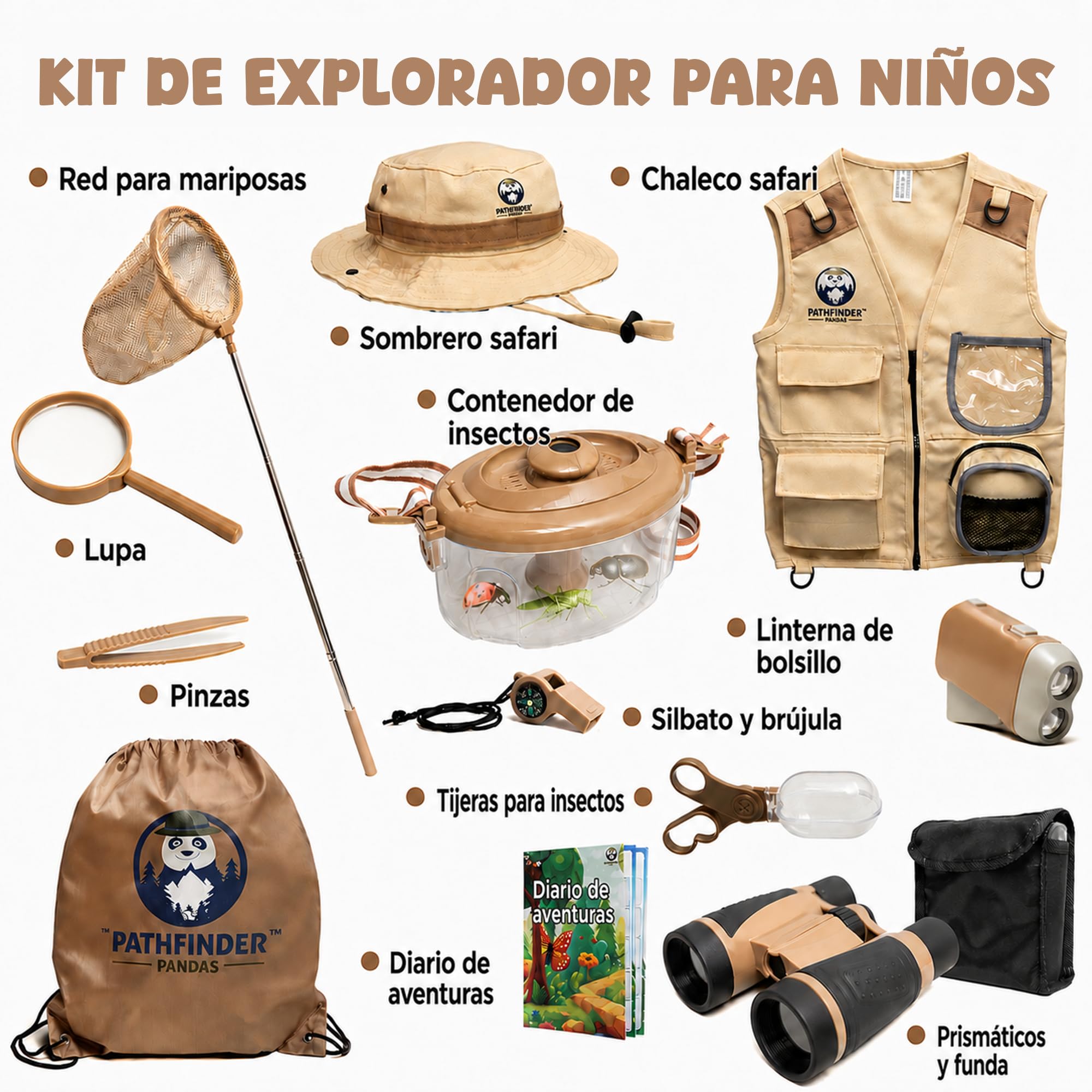 Kit Explorador Niños - Disfraz Explorador Niño y Niña con Chaleco, Gorro, Prismaticos Niños, Lupa, Brujula, Cazamariposas, Atrapa Insectos Niños - Juegos Exterior Niños de 3 a 7 Años (Medium)