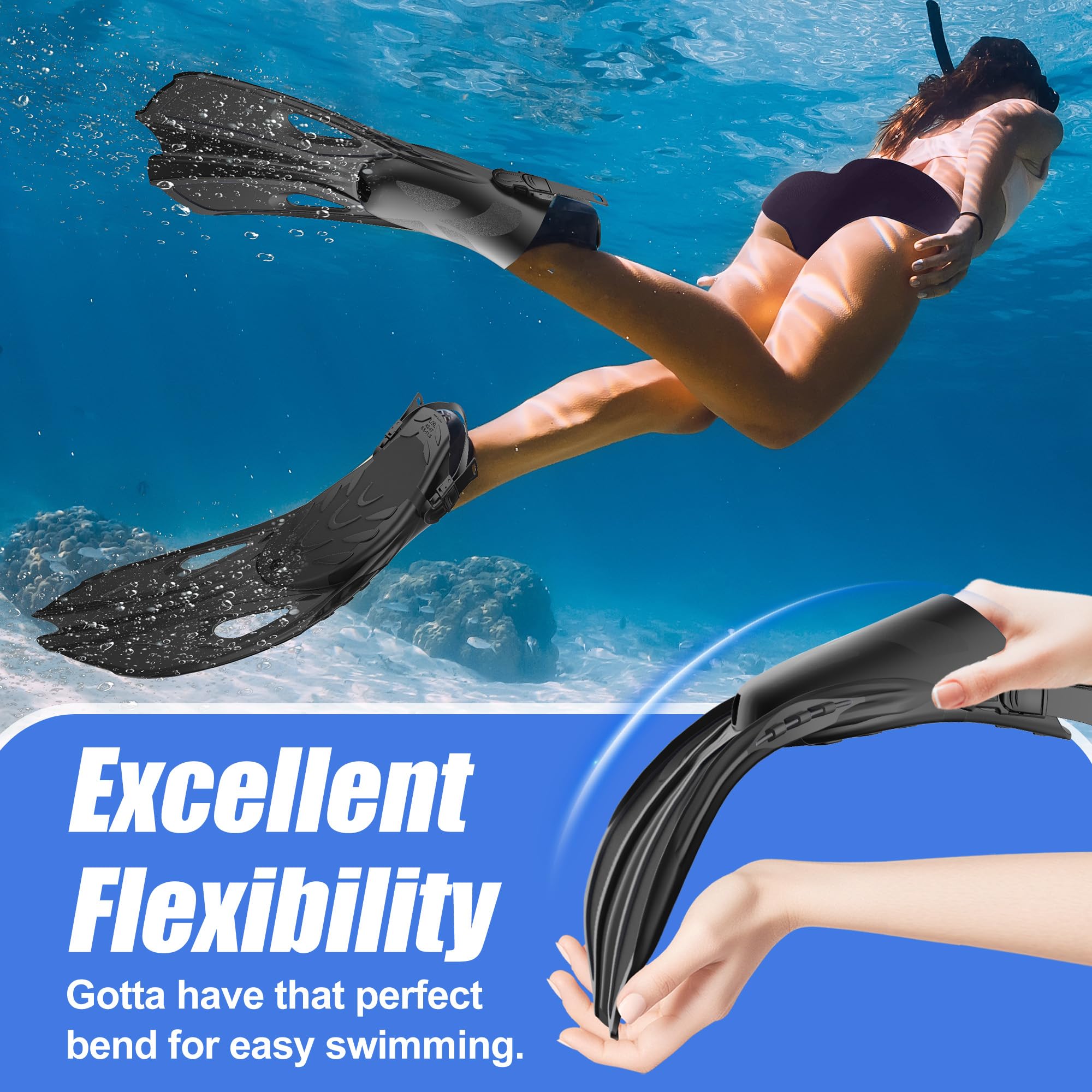 MELUMILU Snorkel Fins, Swim Fins Travel Size Short Adjustable for Snorkeling Diving Adult Men Women Open Heel Swimming Flippers: Black L/XL (US Men 8.5-11.5 / Women 9.5-12.5)