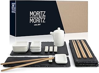 Moritz & Moritz 22-Piece Sushi Crockery Set for 4 People - Serving Set with 4x Plates, 1x Serving Plate, 4x Dip Bowls, 4x Pairs of Sticks and Much More