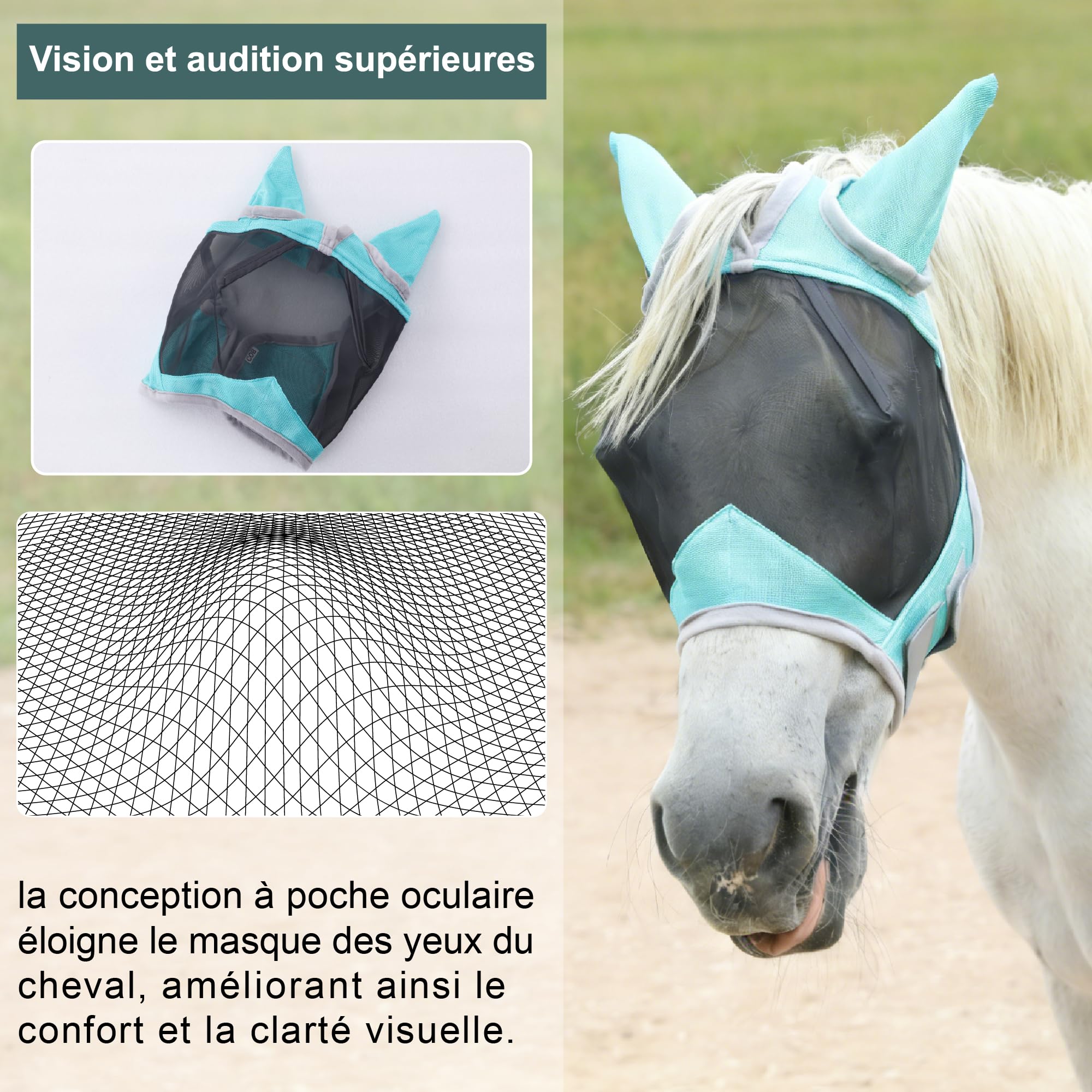 Maschera antimosche cavallo con protezione orecchie, verde M | Protezione UV, maglia traspirante, ampio spazio per gli occhi, foro per il toupet, senza sfregamento