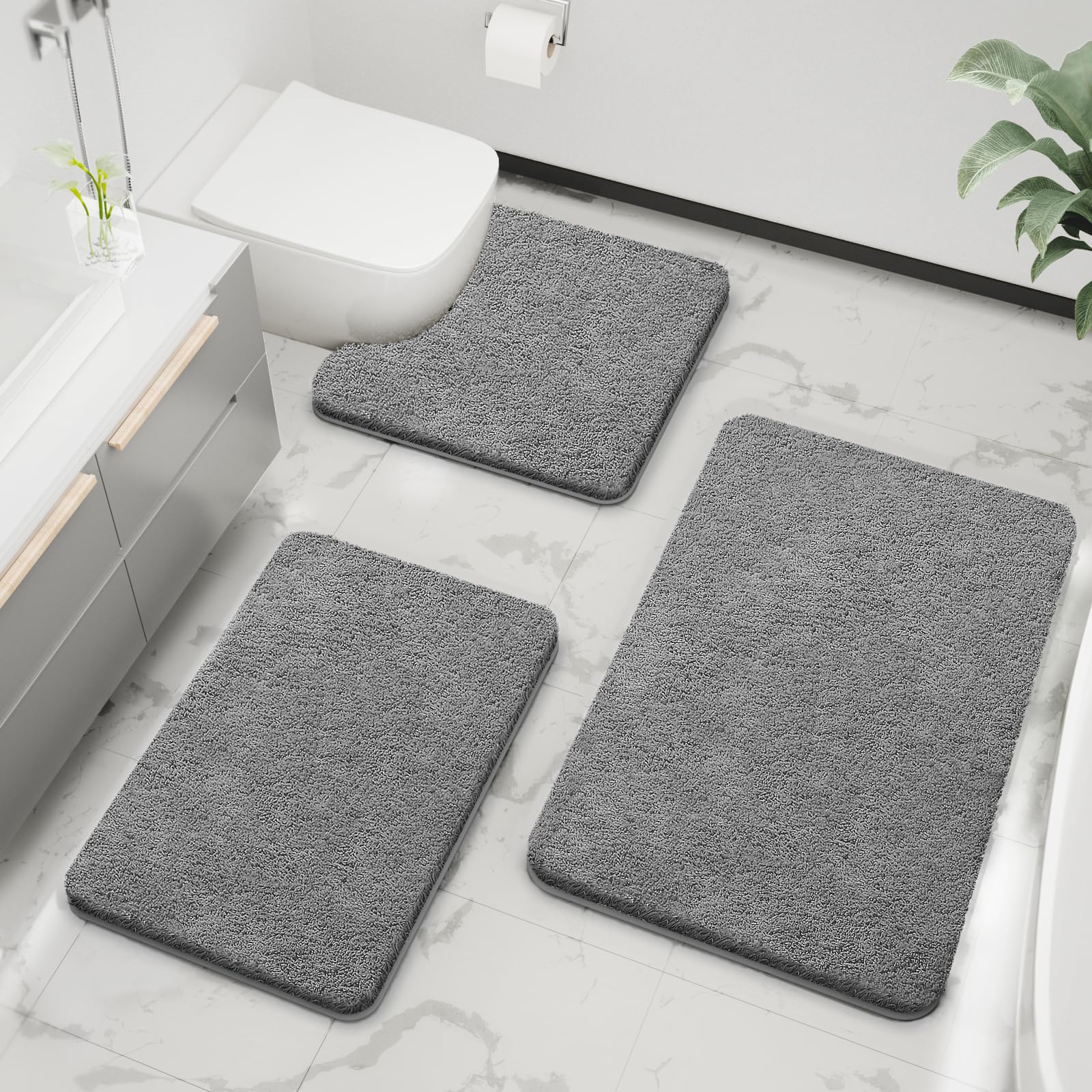 Lot de 3 tapis de bain à poils longs antidérapants et épais, en microfibre extra doux et absorbant, lavables en machine, gris
