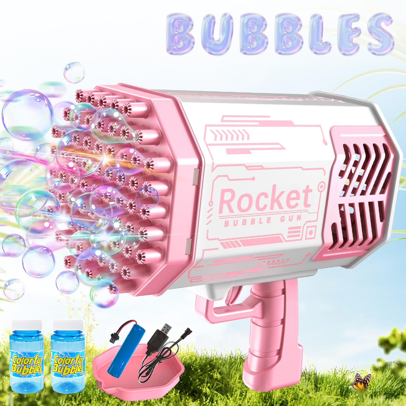 Bubble Gun Machine, Bazooka 69 Holes Rocket Launcher Bubble Machine with Colorful Lights, TIK Tok Bubble Maker Machine for Kids Adults Summer Outdoor Birthday Wedding Party Activity (Pink) 1