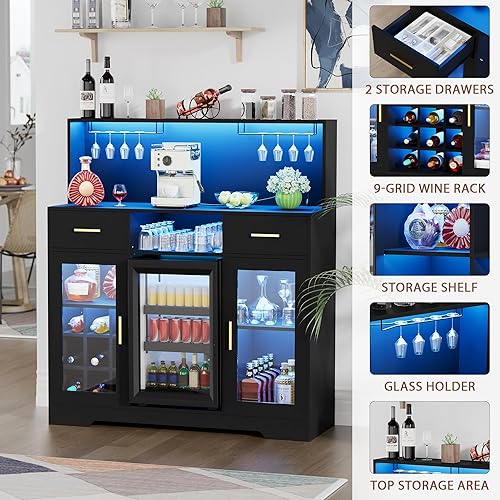 Miniatura 6 de Mini gabinete de nevera con almacenamiento, gabinetes de bar de vinos para el hogar con luz LED y toma de corriente, gabinete de barra de café con