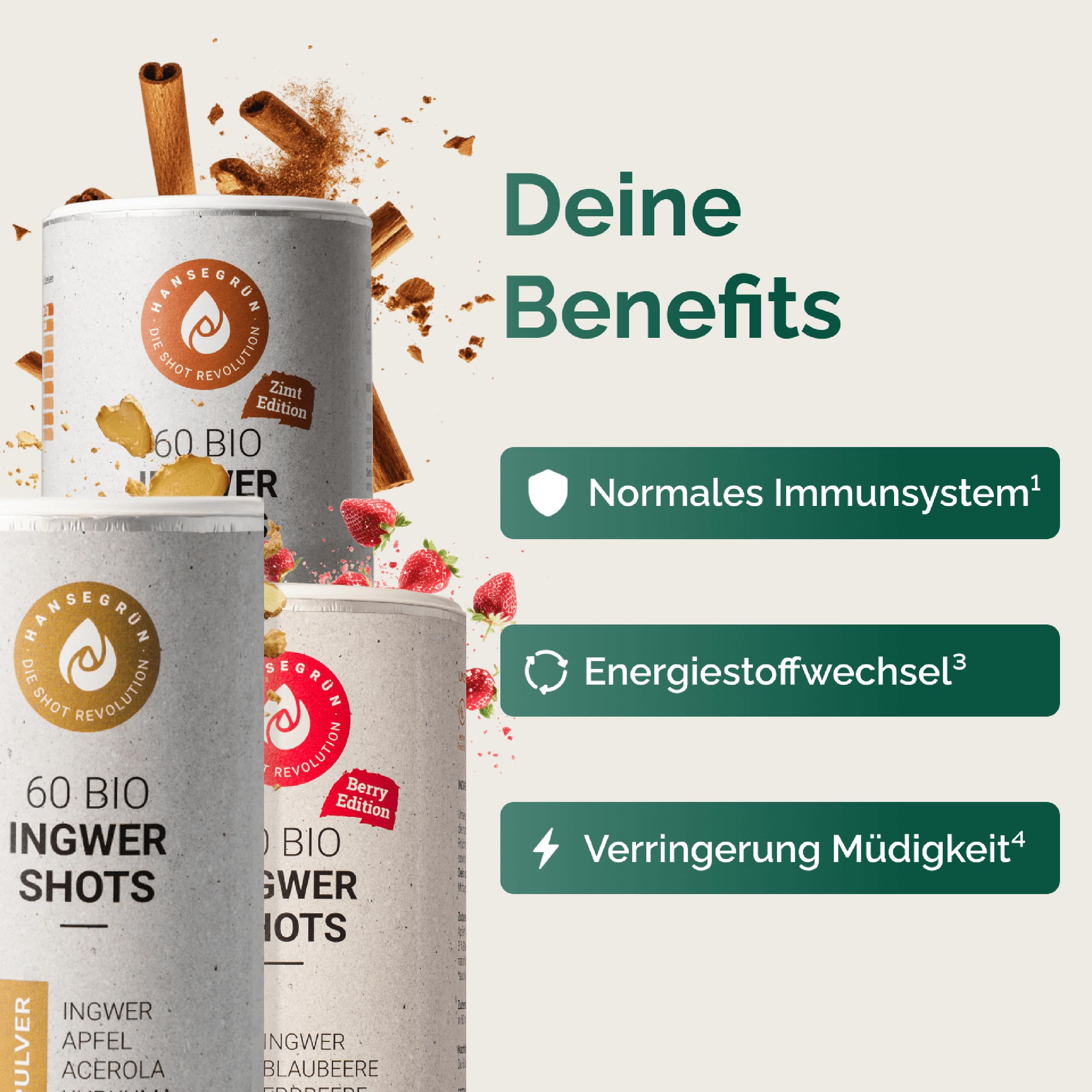 Hansegrün - Kennlernset Ingwer Shots (180 Stk.) - Veganes Superfood-Pulver für Immungsystem¹ & Energiestoffwechsel³ - Kurkuma, Zitronenschale & Acerola - 100% echte Zutaten zur täglichen Zubereitung