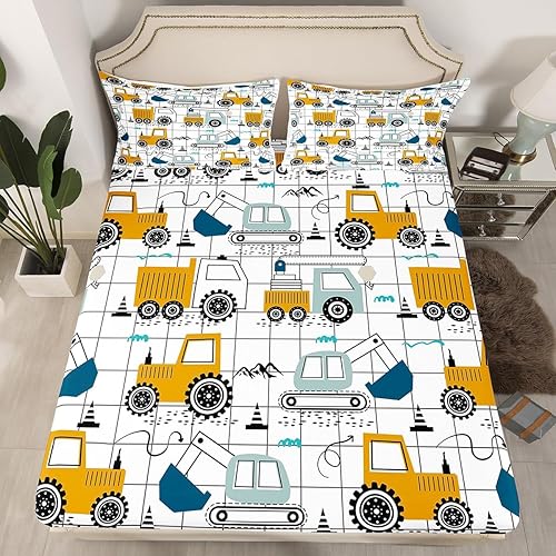 Miniatura 2 de Juego de sábanas de construcción, tamaño King, excavadora, tractor, sábanas para niños pequeños con bolsillo profundo, sábana bajera de dibujos